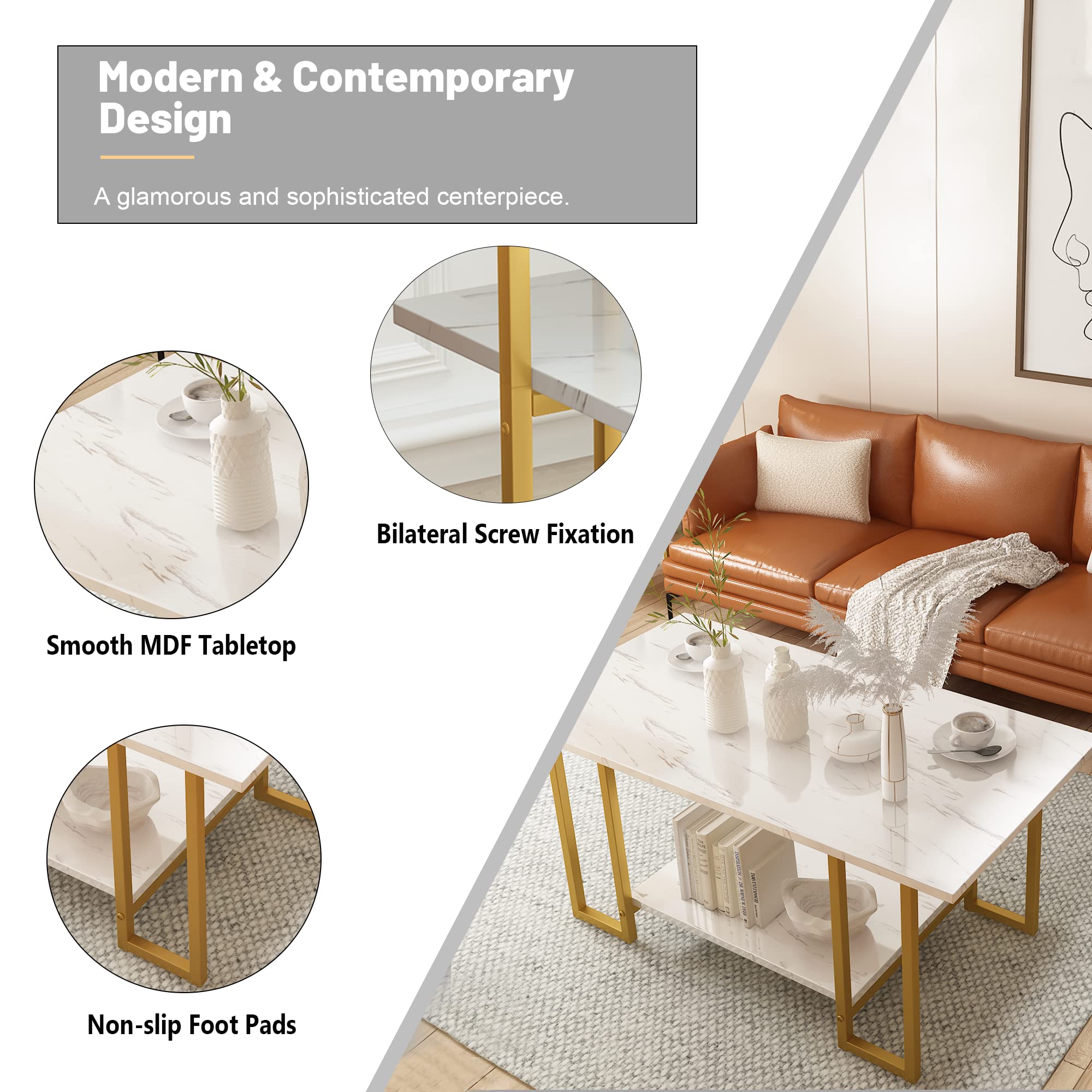 Premium Faux Marble Coffee Table Set with 2 End Tables - Modern 3-Piece Living Room Furniture with Storage Shelves & Sturdy Metal Frame, White & Gold Finish | Space-Saving Design for Apartments & Small Spaces | Perfect for Entertaining, Relaxing & Home Decor
