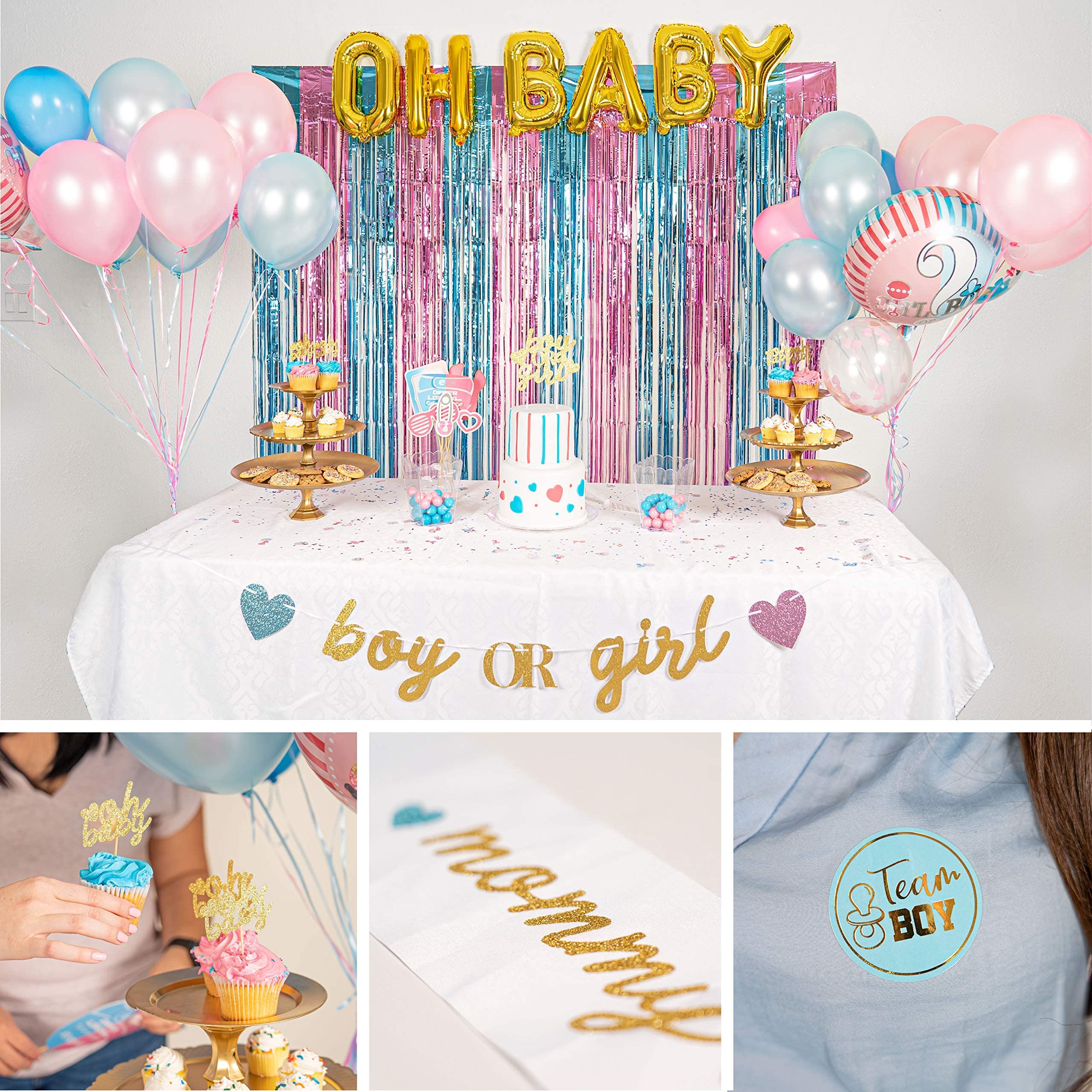 Gender Reveal Party Supplies - 116pcs Balloons, Banner, Props for Baby Shower & Celebrations