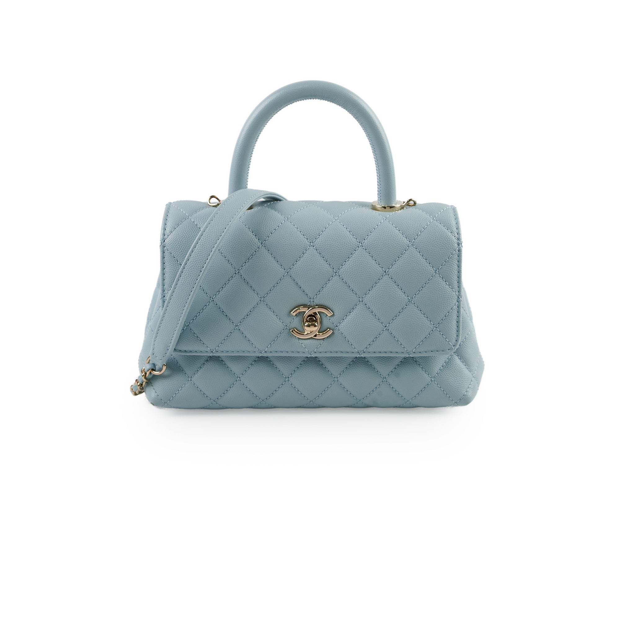 Chanel Caviar Small Coco Handle Bag in Light Blue with Microchip - Perfect for Evening Events, Parties & Luxury Fashion Accessories