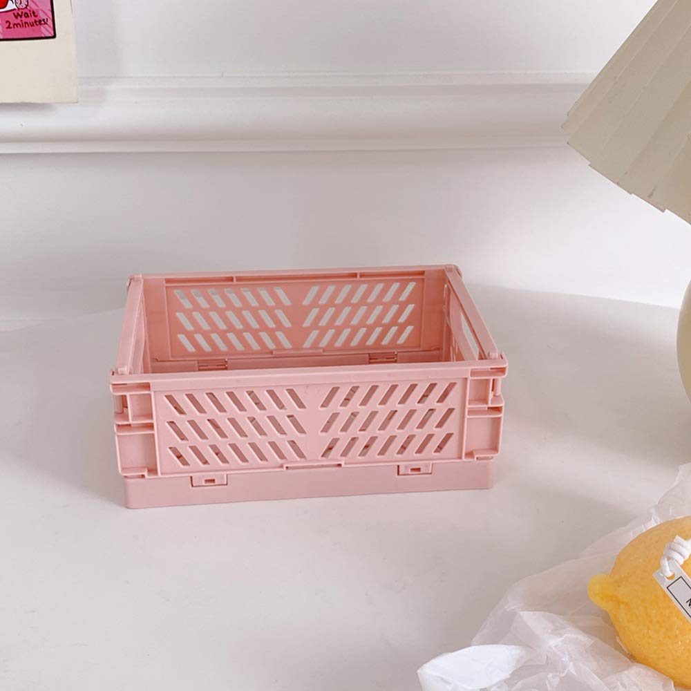 Mekek Mini Folding Plastic Storage Box - Stackable Organizer Bins for Home, Kitchen, Bathroom & Office | Space-Saving Shelf Storage for Classroom, Bedroom & Small Spaces (Pink)