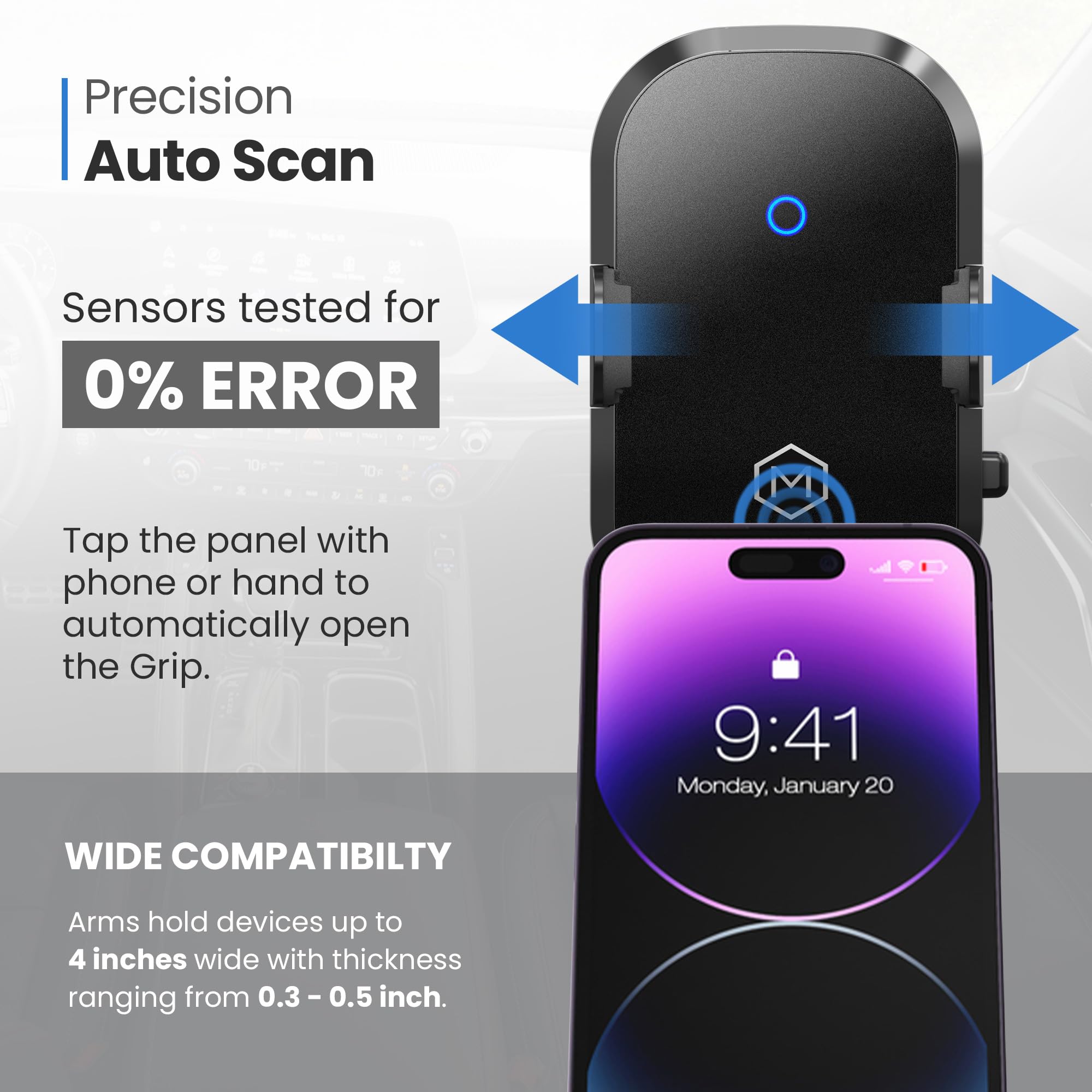 Fast Wireless Car Charger Phone Mount - 15W Qi-Certified Auto-Scan Charging, Multi-Angle Adjustable Suction Cup & Grip (Fits Phones 2.8