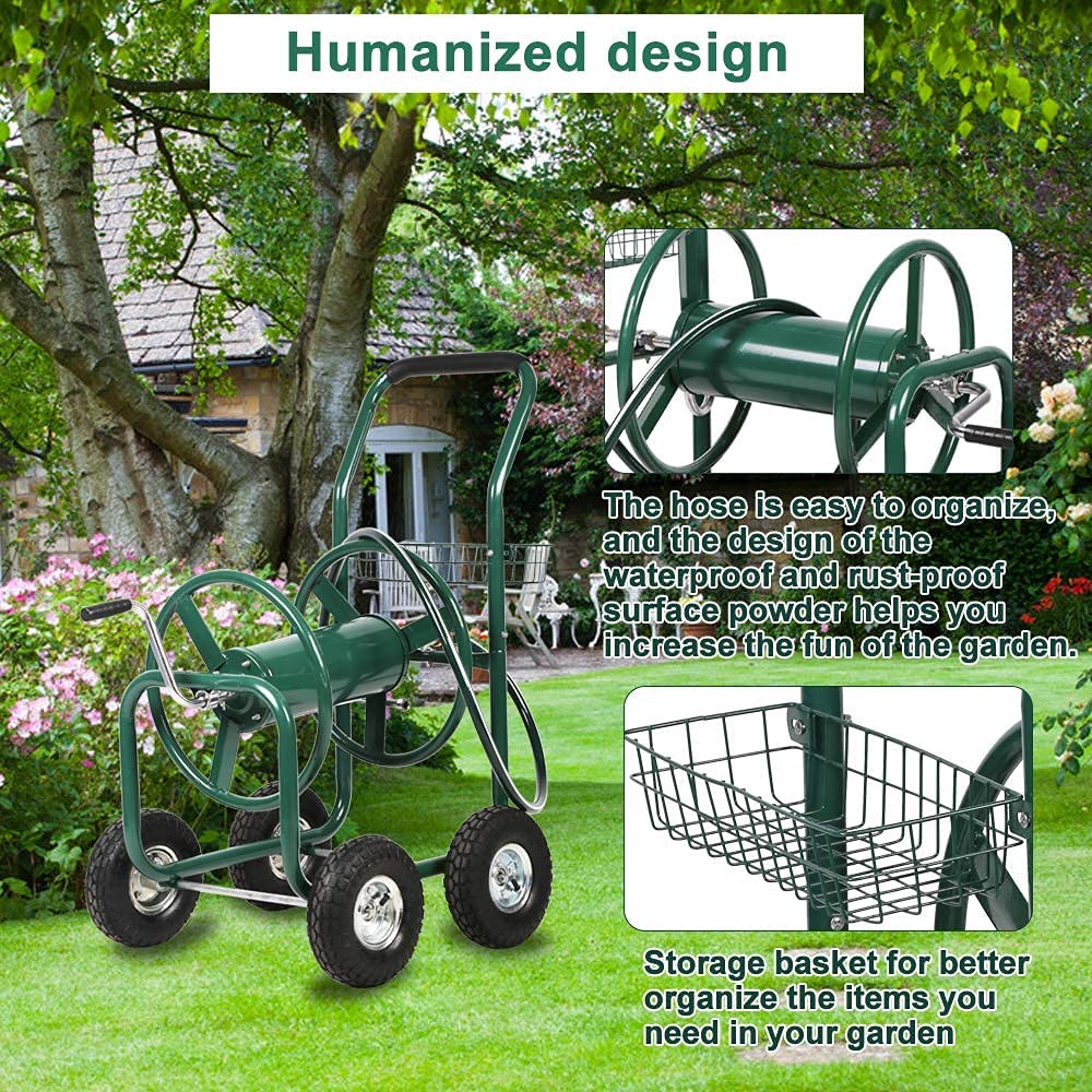 Heavy Duty Steel Garden Hose Reel Cart with Wheels & Storage Basket - Outdoor Watering Truck for Lawn, Patio, Garden - Durable Yard Hose Reel for Easy Watering & Planting | Perfect for Backyard, Greenhouse & Landscaping