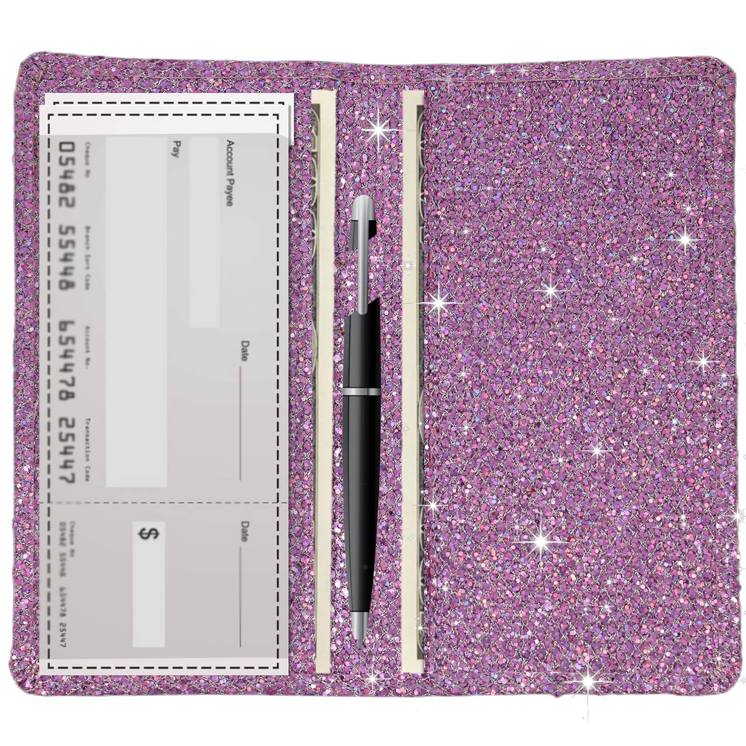 Sparkly Rhinestone Checkbook Cover for Women - Diamond Purple RFID Blocking PU Leather Checkbook Holder with Pen Loop & Card Slots | Stylish & Secure Wallet for Personal Checks, Ideal for Everyday Use & Gift Giving
