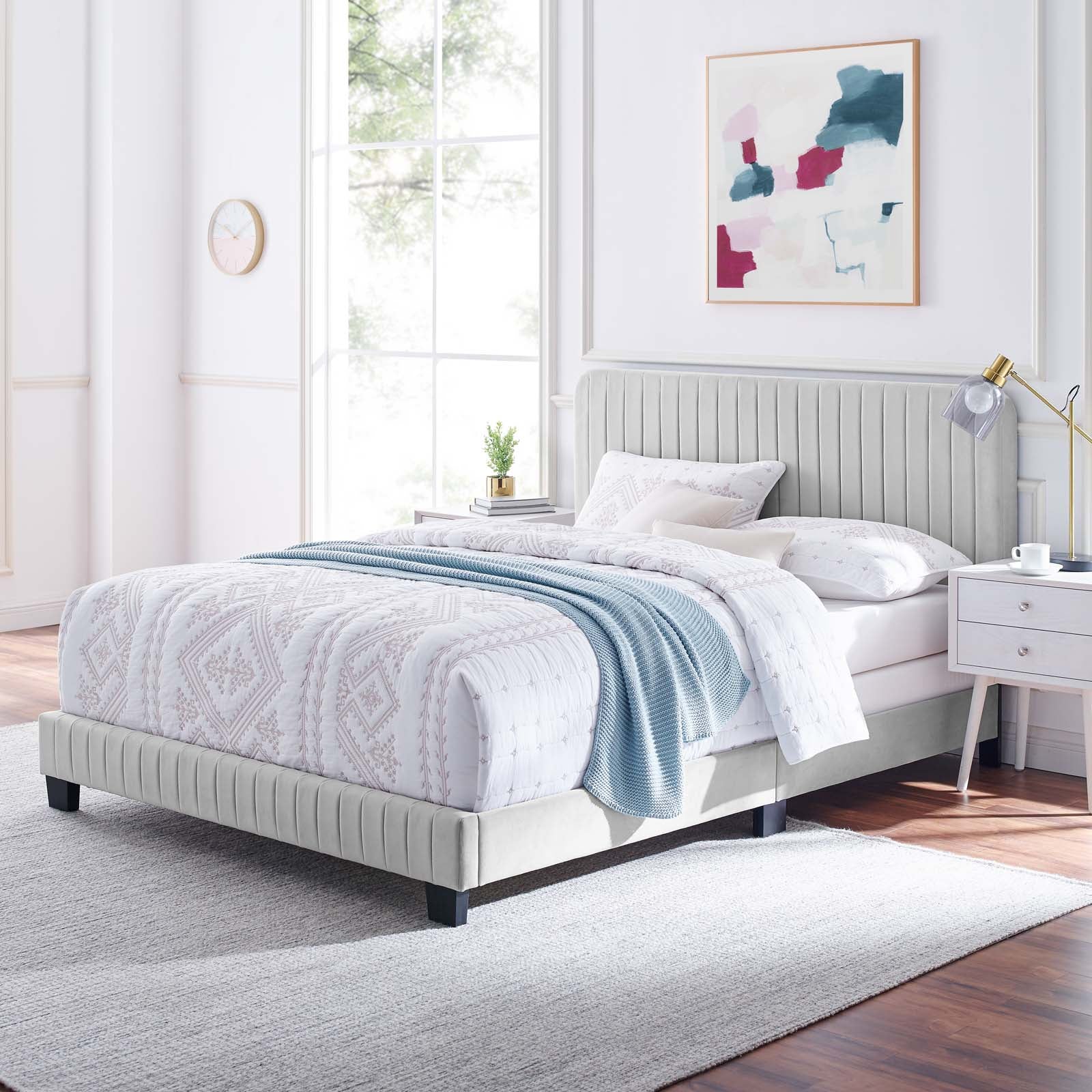 Luxury Celine Channel Tufted Performance Velvet Bed - Queen Size Upholstered Platform Bed Frame with Button Tufting for Bedroom & Guest Room Elegance