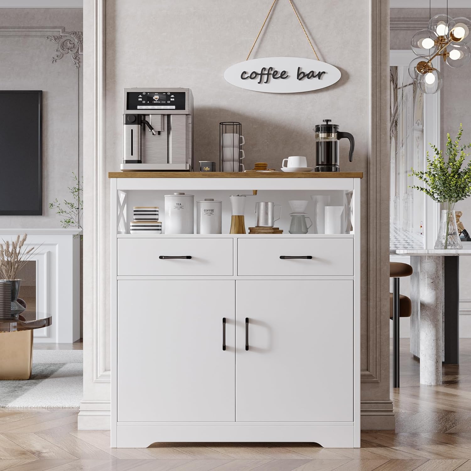 Modern Farmhouse Buffet Sideboard - Wooden Kitchen Storage Cabinet with Shelves, Doors & Drawers - Coffee Bar & Living Room Cupboard - White & Rustic Brown - Perfect for Dining Room, Entryway & Home Organization