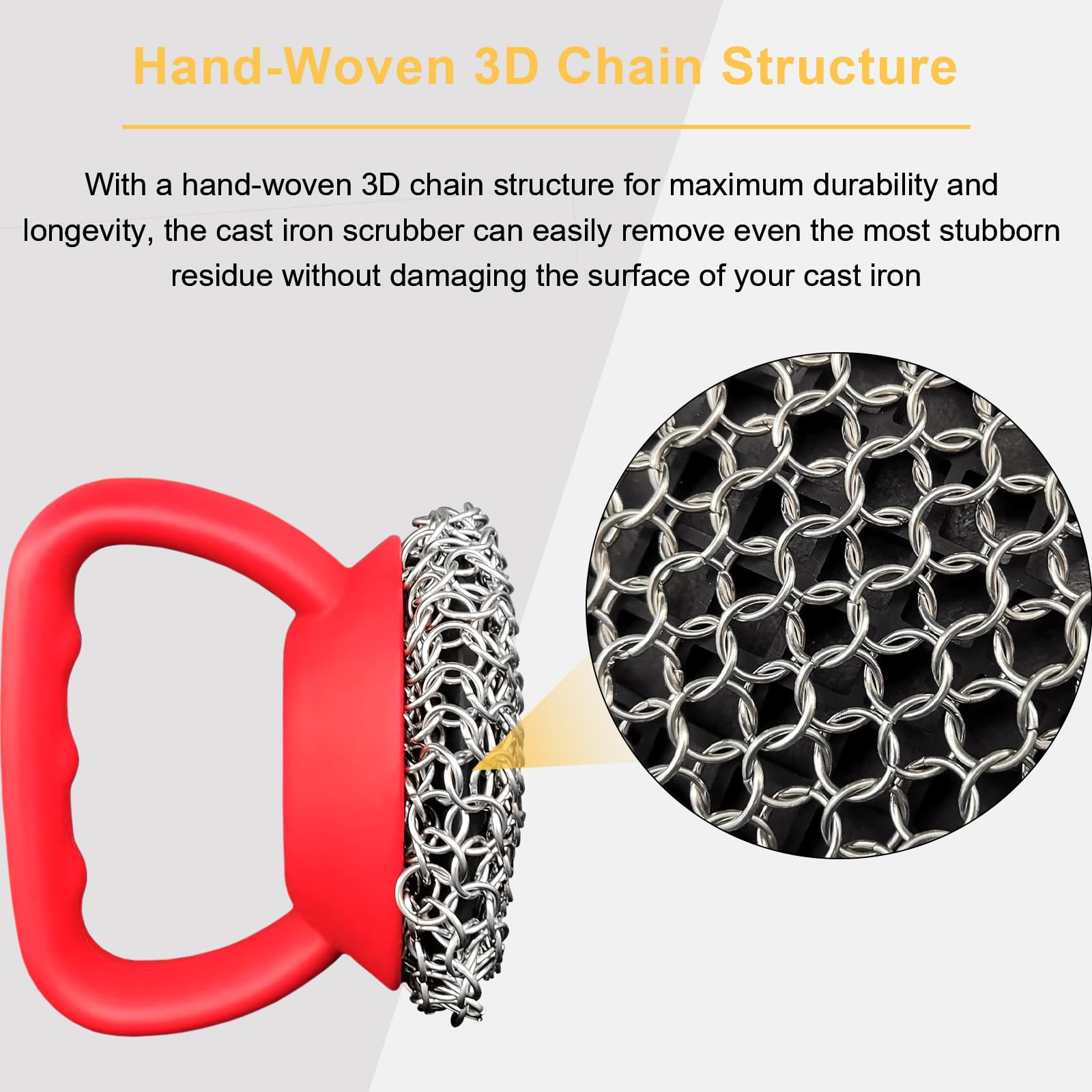316L Stainless Steel Chainmail Scrubber with Ergonomic Handle - Heavy Duty Cast Iron Pan Cleaner for Skillets, Griddles & Dutch Ovens - Perfect for Removing Stubborn Food Residue & Seasoning Cast Iron Cookware