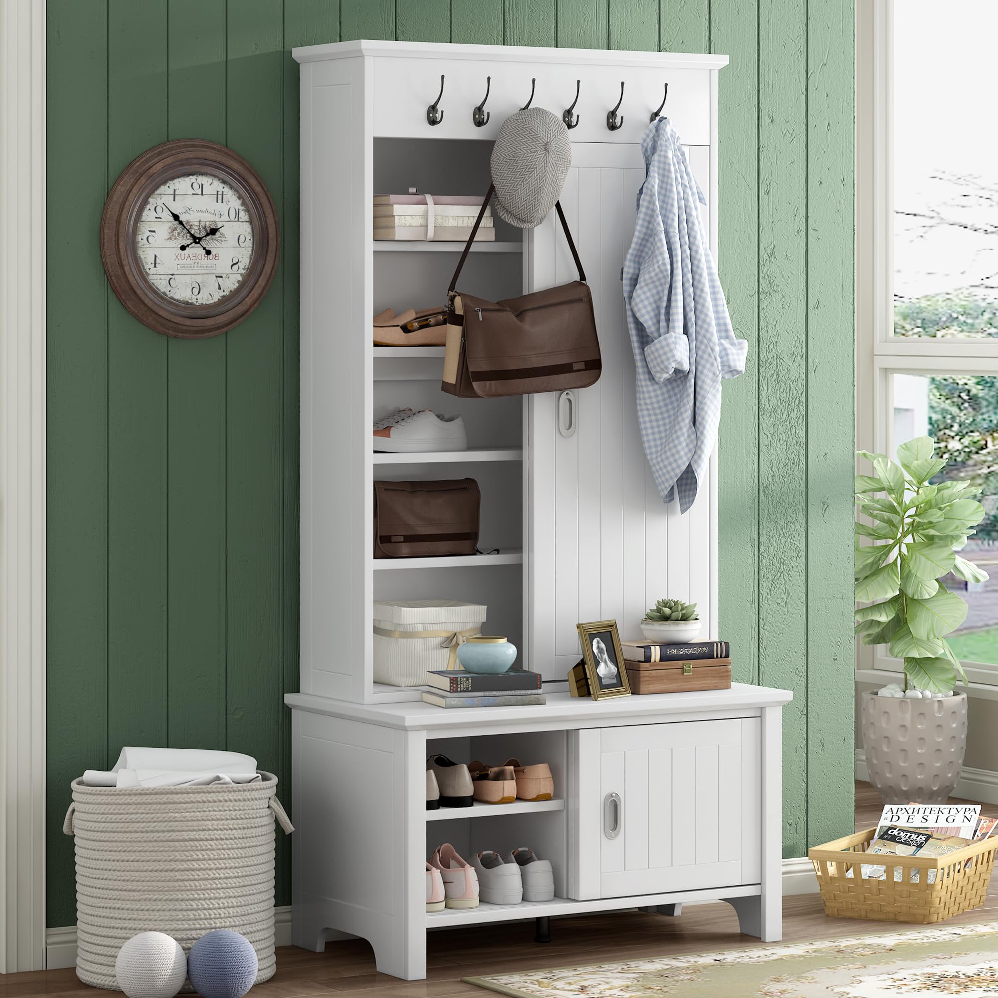 Merax Hall Tree with Storage Bench & Shelves - Multi-Functional Entryway Organizer with Shoe Cabinet & Coat Hooks - White - Perfect for Small Spaces, Mudrooms & Apartment Entryways