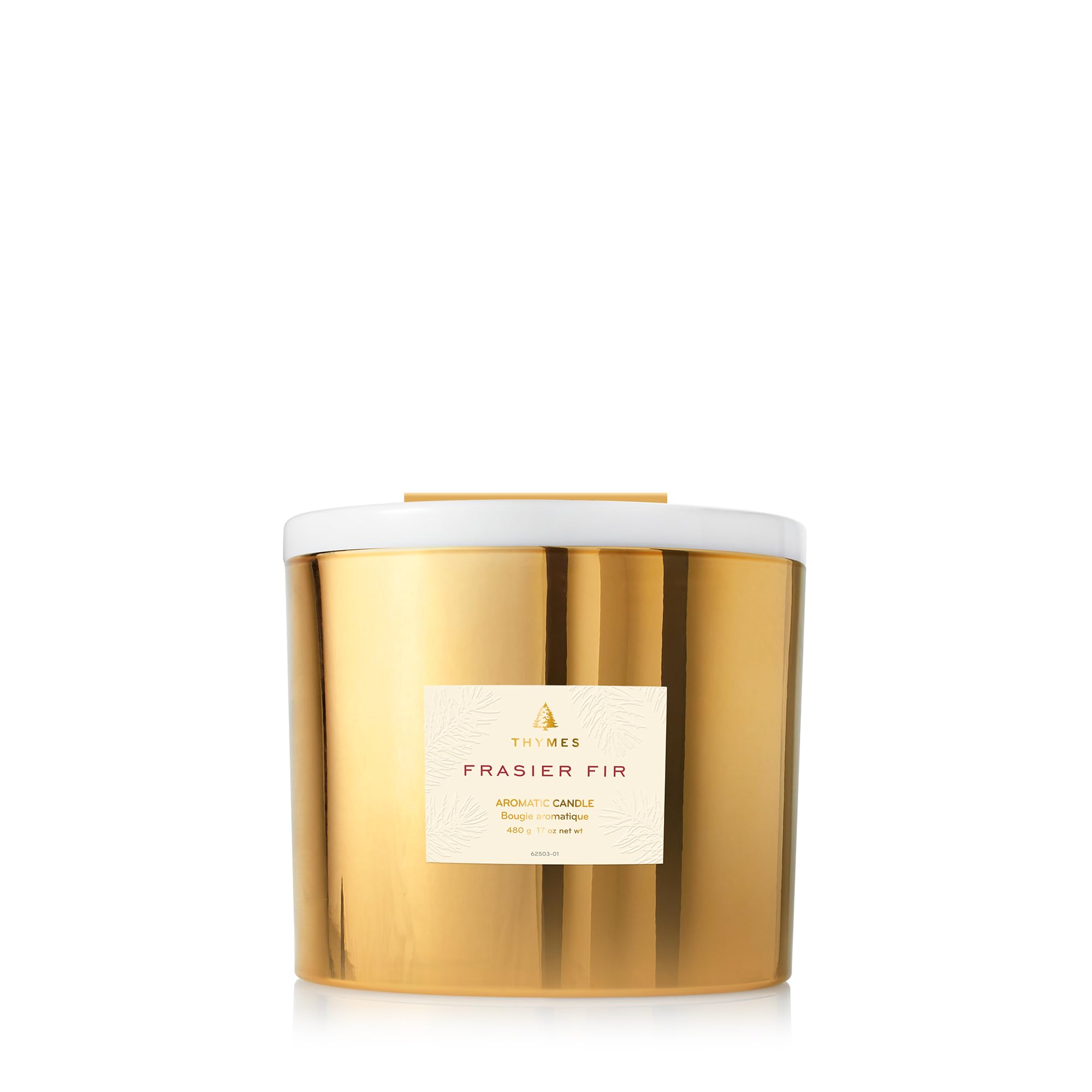 Thymes Frasier Fir Gilded Gold 3-Wick Scented Candle - 17 oz Luxury Holiday Home Fragrance with Crisp Forest Aroma - Elegant Gold Jar Candle for Christmas Decor, Cozy Winter Evenings & Gift Giving