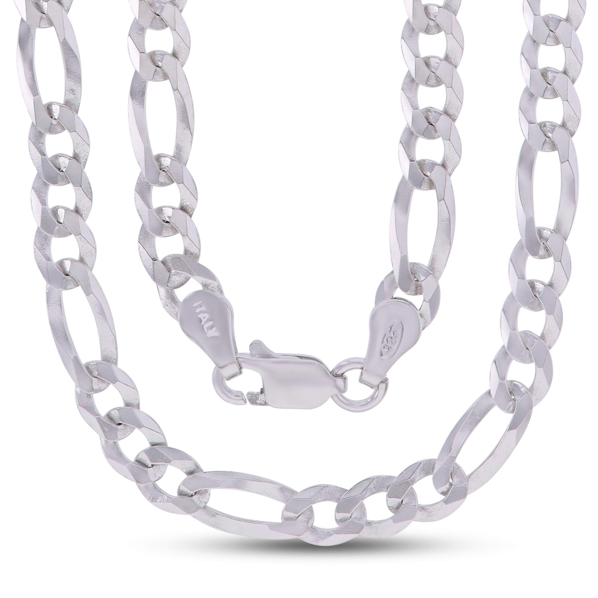 14K Gold or Rhodium Plated Silver Figaro Chain Necklace for Men - 1mm to 13mm Thick Solid 925 Sterling Silver Italian Style Jewelry - Perfect for Gifts, Weddings, and Everyday Wear