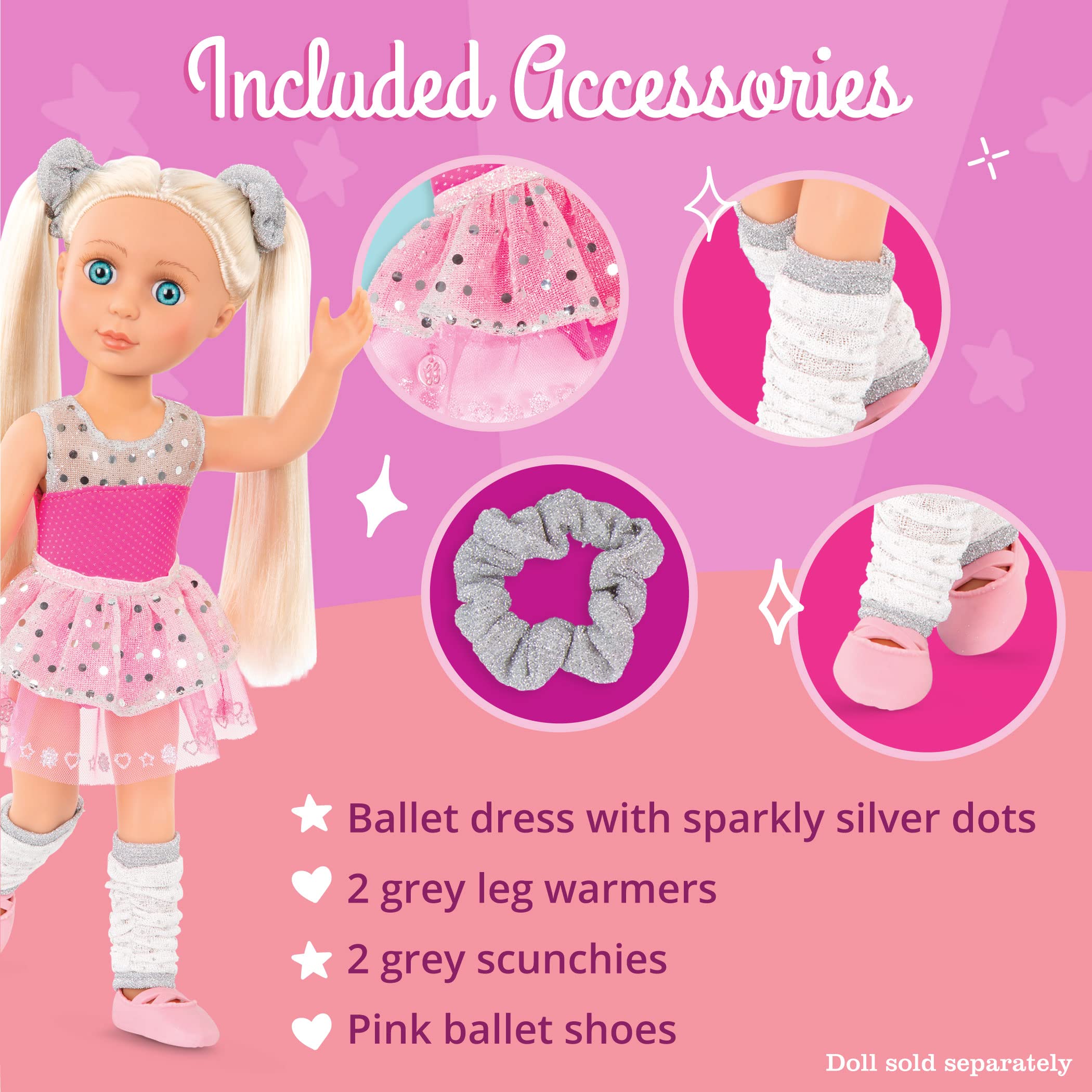 Glitter Girls Twirls of Joy Ballerina Outfit with Hearts & Stars - Ballet Dress, Hair Elastics, Shoes for 14-inch Doll - Perfect Dress-Up Toy for Kids Ages 3+ - Great for Pretend Play, Birthday Gifts & Role-Playing Fun