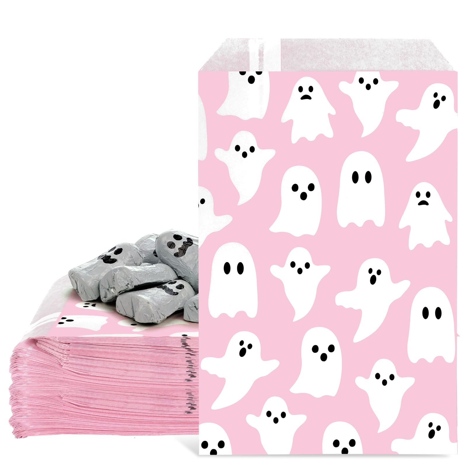 100Pcs Halloween Treat Bags 5x7.3 Inch - Cute Pink & White Ghost Pattern Candy Goodie Bags for Party Favors, Snacks, Cookies & Chocolates - Perfect for Halloween Parties, Trick or Treat & Buffet Events