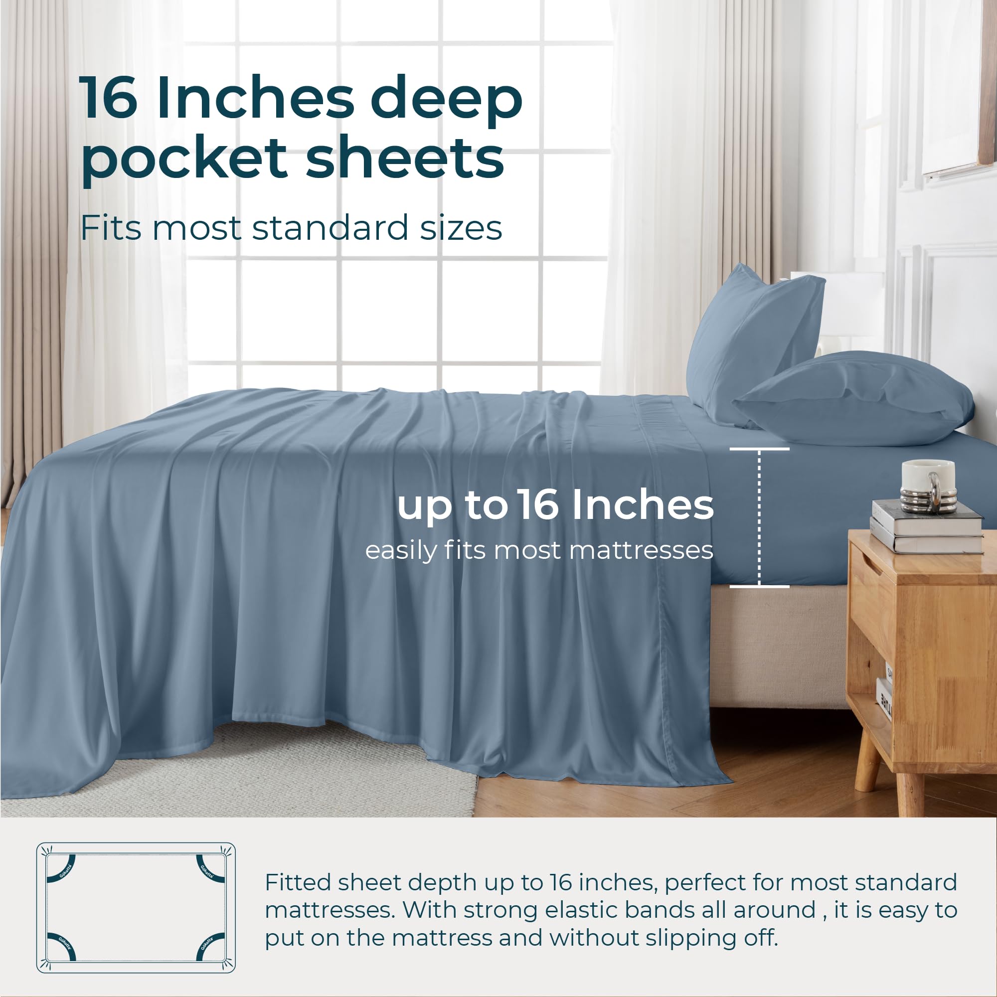 GOKOTTA 100% Bamboo Rayon Bed Sheets Set - Queen Size 4 PCS, Breathable & Soft with Elastic Corner Straps, Blue - Perfect for Hot Sleepers & Eco-Friendly Home Decor