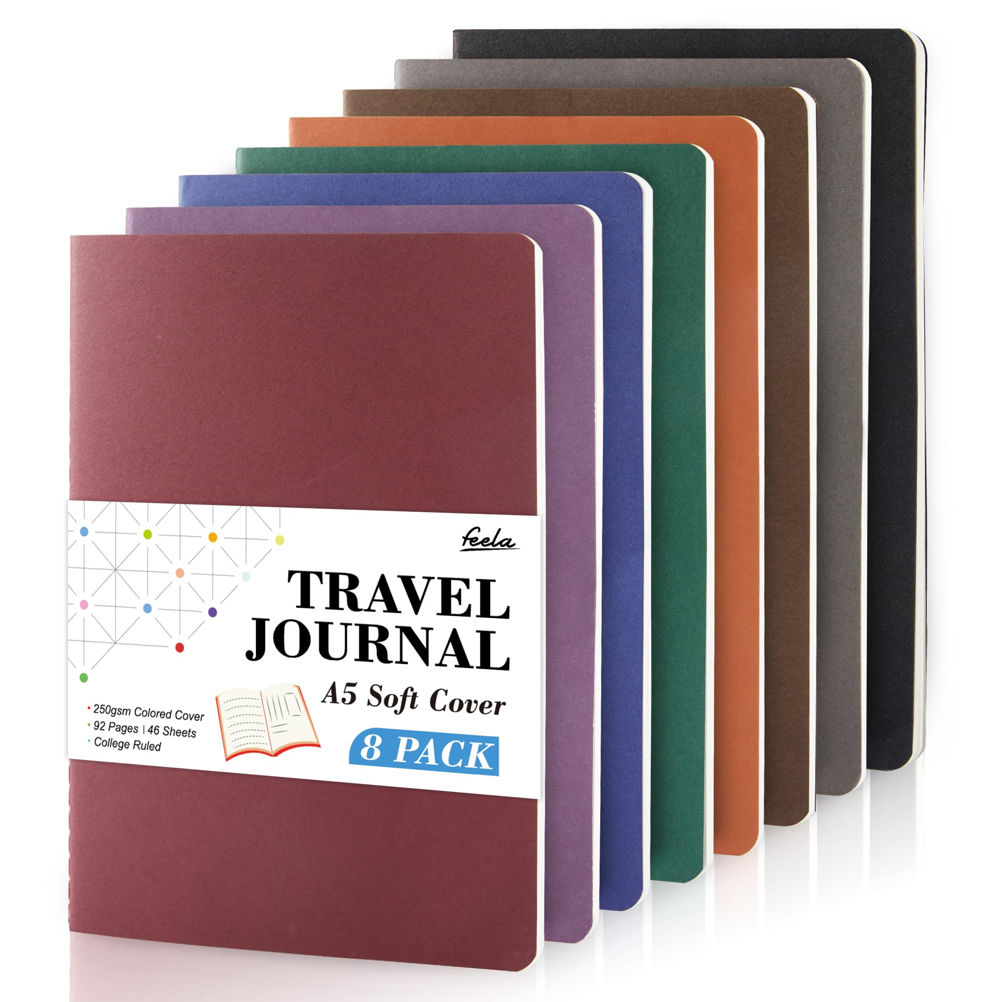 Feela 8 Pack Soft Cover College Ruled Notebooks - A5 Size 8.2” x 5.5” Lined Journals for Students, Work & Business Writing | Vintage Color School Supplies | Perfect for Note Taking, Travel Journals & Office Use