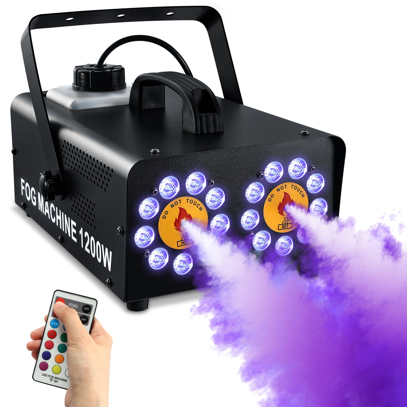 TCFUNDY 1200W High Power Fog Machine with 18 Colorful LED Lights - Dual Spray Horizontal Smoke Machine for Halloween Parties, DJ Shows & Stage Performances - Remote Controlled Fog Maker with 10 Dynamic Light Effects