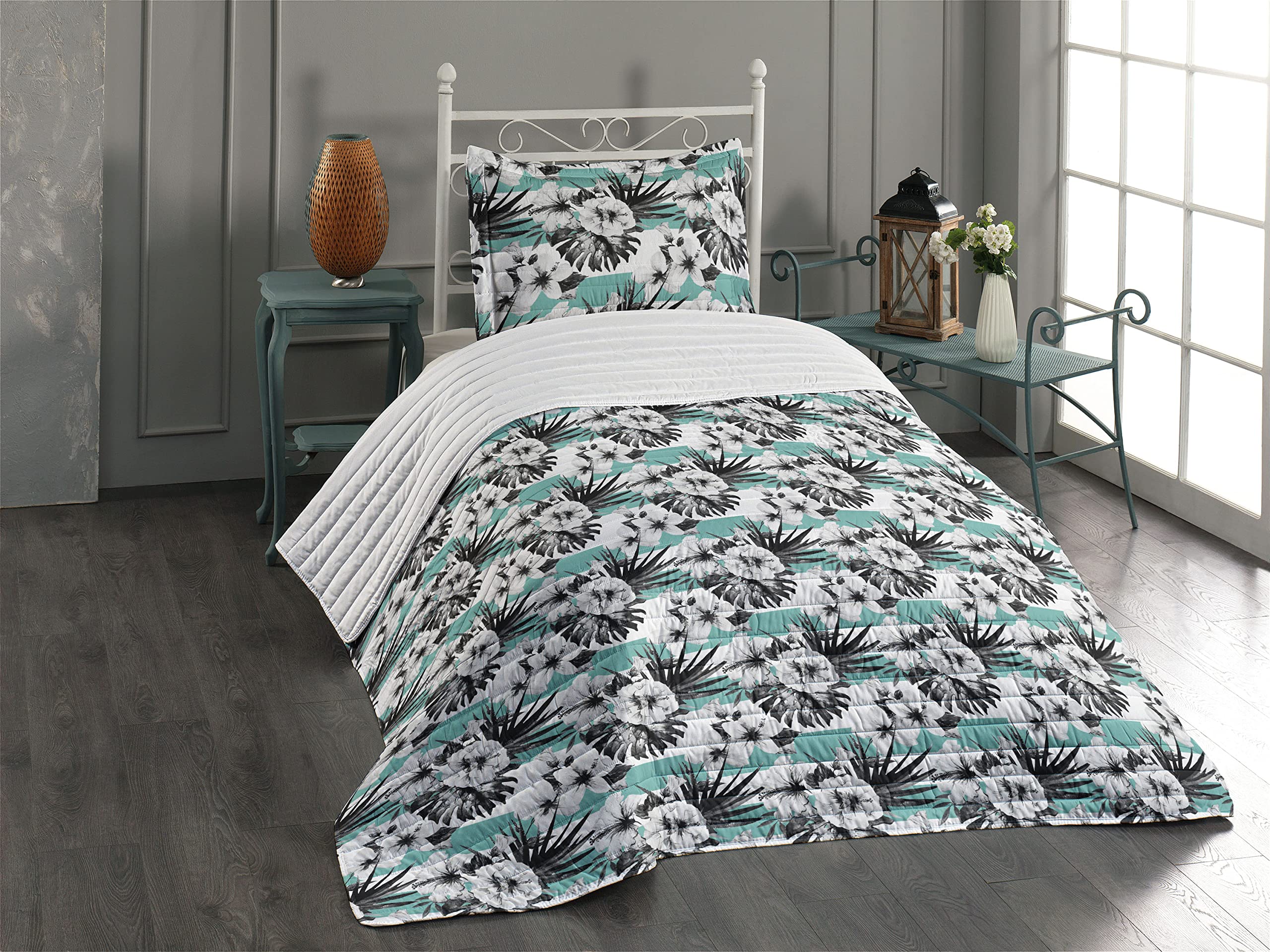 Ambesonne Floral Microfiber Bedspread Set - Exotic Watercolor Hibiscus Print, Boho Tropical Bedding with Pillow Sham & Comforter, Twin Size Grey White Teal | Soft & Stylish for Bedroom Decor, Guest Room, Dorm, Vacation Home