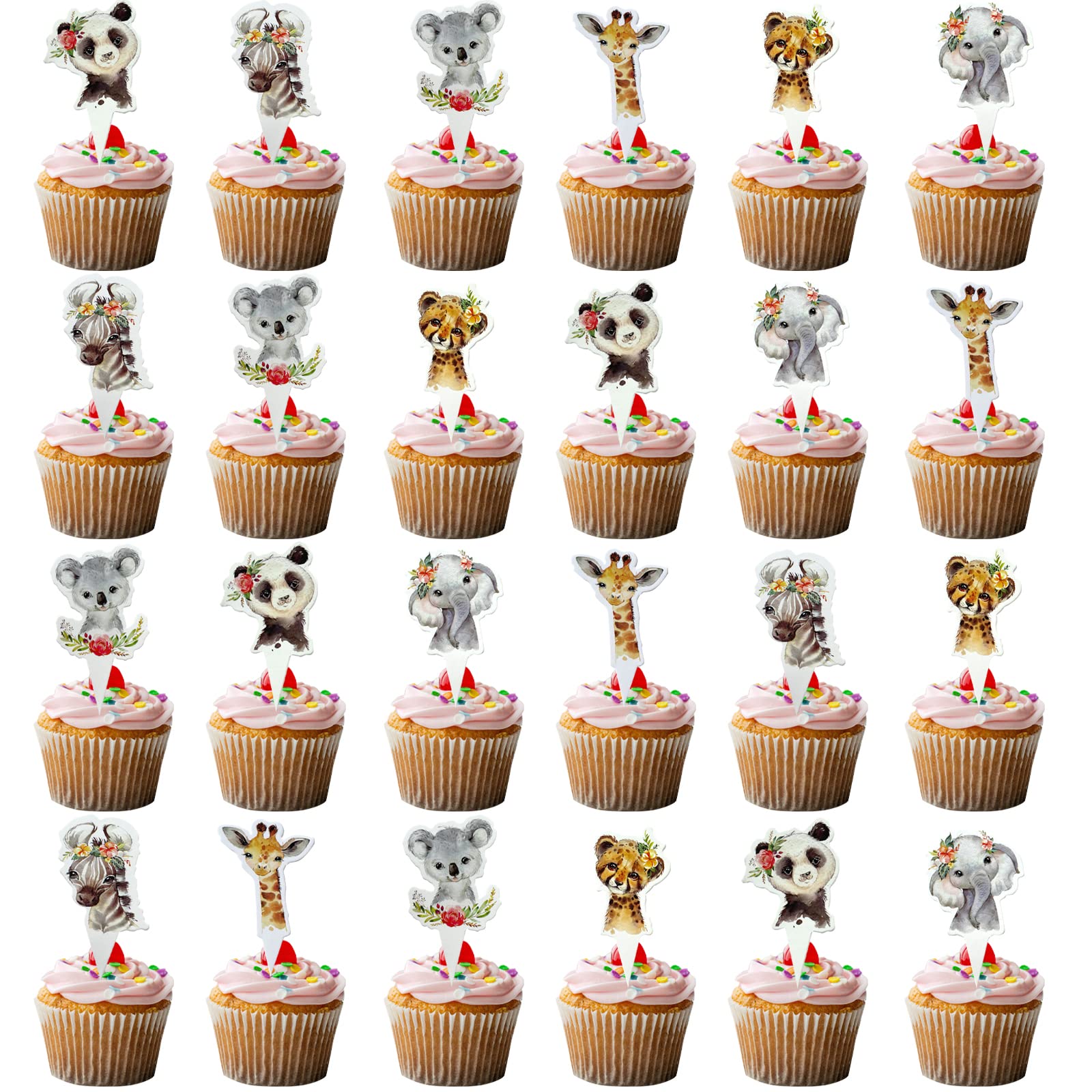 48 Pcs Wild One Floral Jungle Animal Cupcake Toppers - Safari Birthday Party Decorations for Girls, Baby Showers & Wild One Themed Celebrations