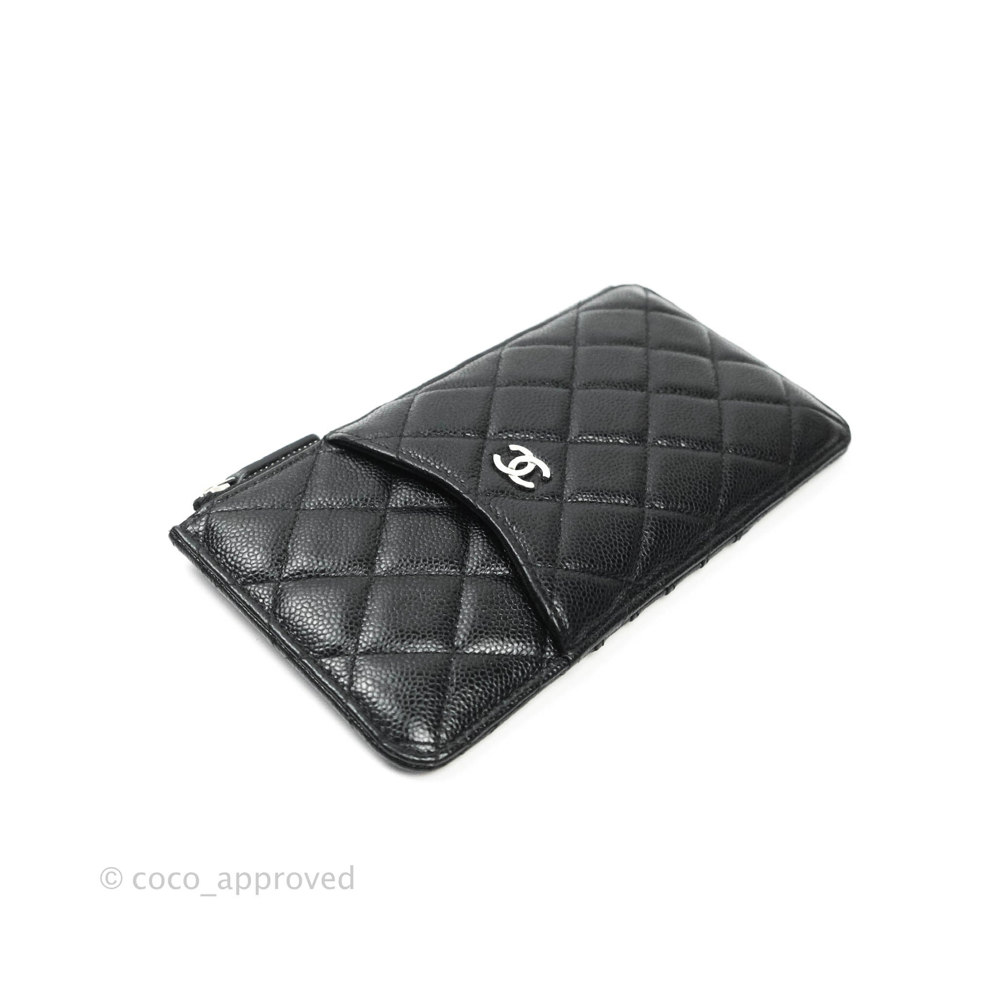 Chanel Classic Flat Black Caviar Leather Wallet Pouch with Silver Hardware - Luxury Compact Card Holder for Women | Perfect for Everyday Use, Travel & Gifts