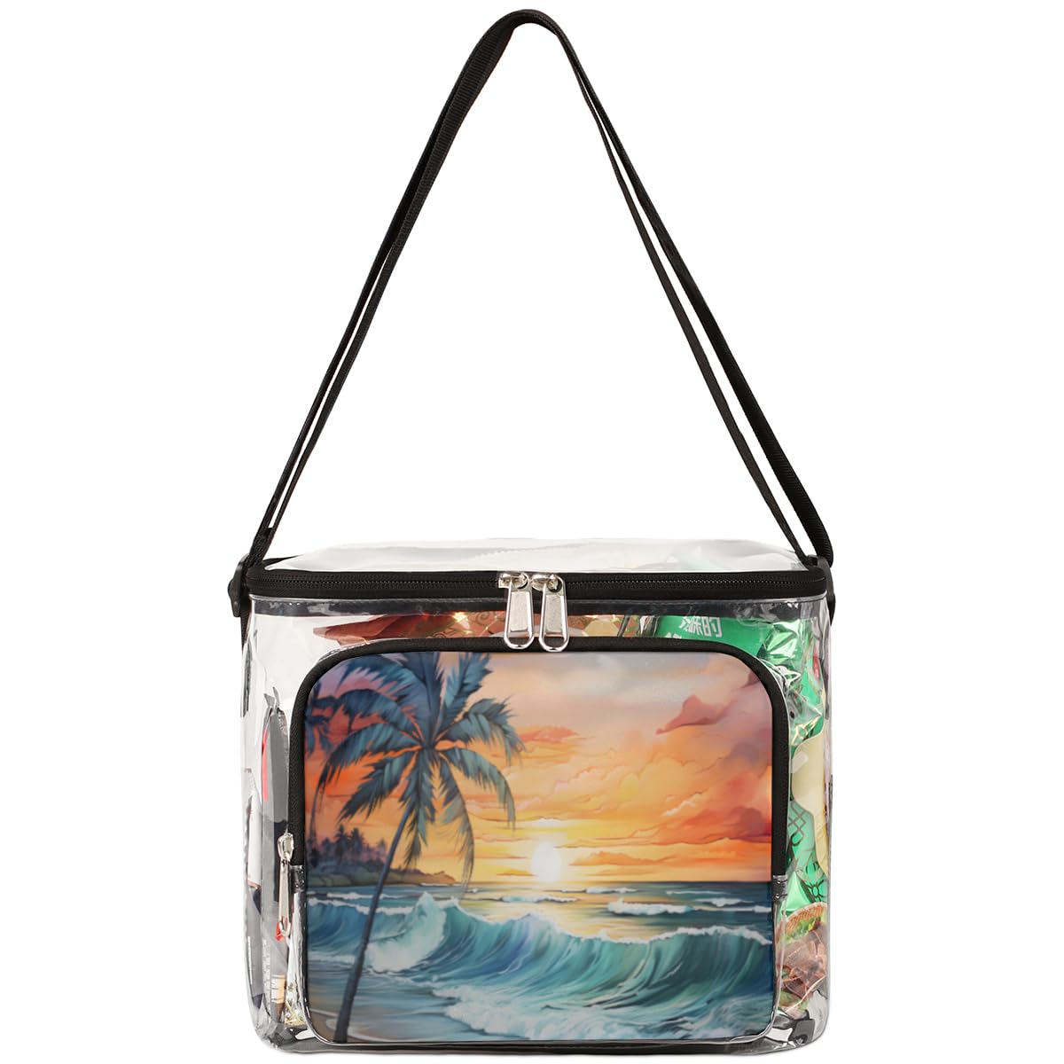 GzLeyigou Clear Tote Bag with Handles - Tropical Palm Tree Design Transparent Crossbody Shoulder Bag for Lunch, Beach, Travel | Stadium Approved for Concerts, Sports Events, Picnics & Outdoor Activities | Summer Sunset Theme Fashion Accessory