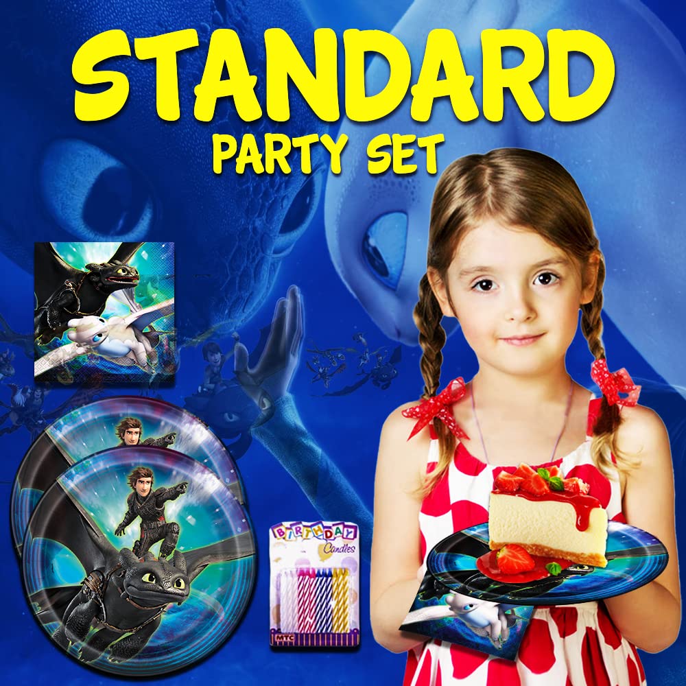 How to Train Your Dragon Party Supplies Set - 16-Piece Birthday Party Kit with Dragon-Themed Paper Plates, Luncheon Napkins & 24 Candles - Perfect for Kids' Birthday Parties, Themed Events & Movie Nights