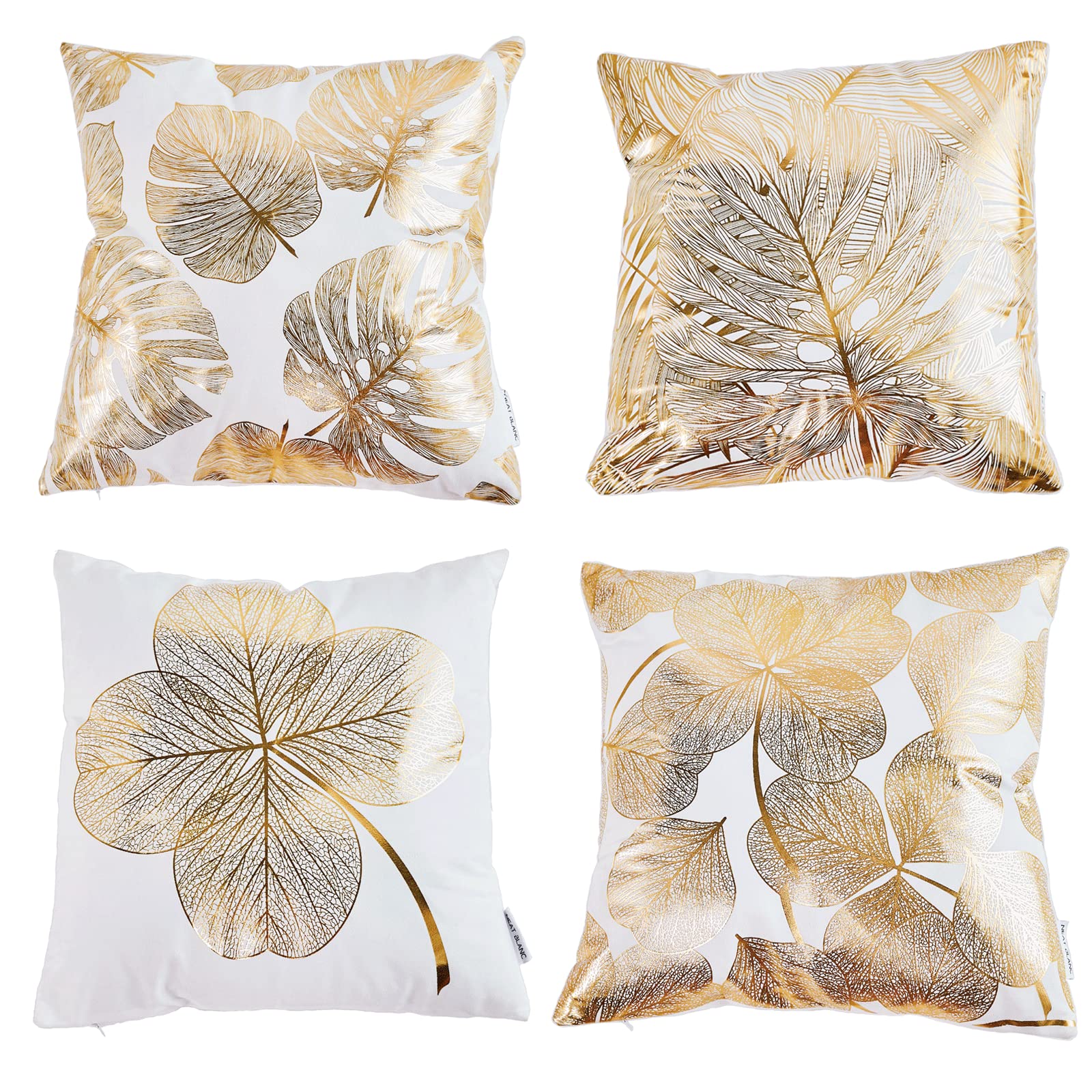 4 Pack Gold Foil Leaf Print Decorative Throw Pillow Covers 20x20 Inches (50x50cm) - Luxury Couch, Bedroom & Car Decor Accent Pillow Cases for Home, Living Room, Sofa and Office Decor