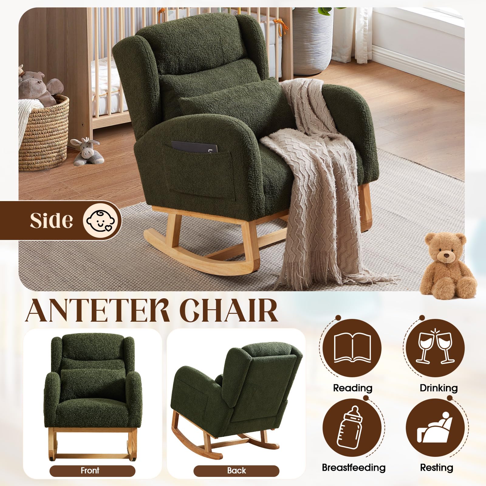 Antetek Modern Rocking Chair - High Back Teddy Upholstered Nursery Rocker with Lumbar Support, Wingback Accent Armchair for Living Room, Bedroom & Nursery (Green) | Perfect for Nursing, Reading & Relaxing