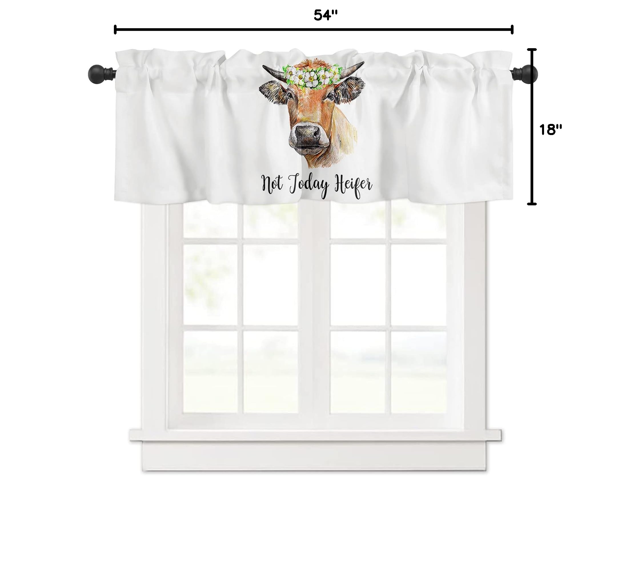 Farmhouse Cow Print Window Valance - Not Today Heifer Kitchen Curtain for Living Room, Rod Pocket Design 54