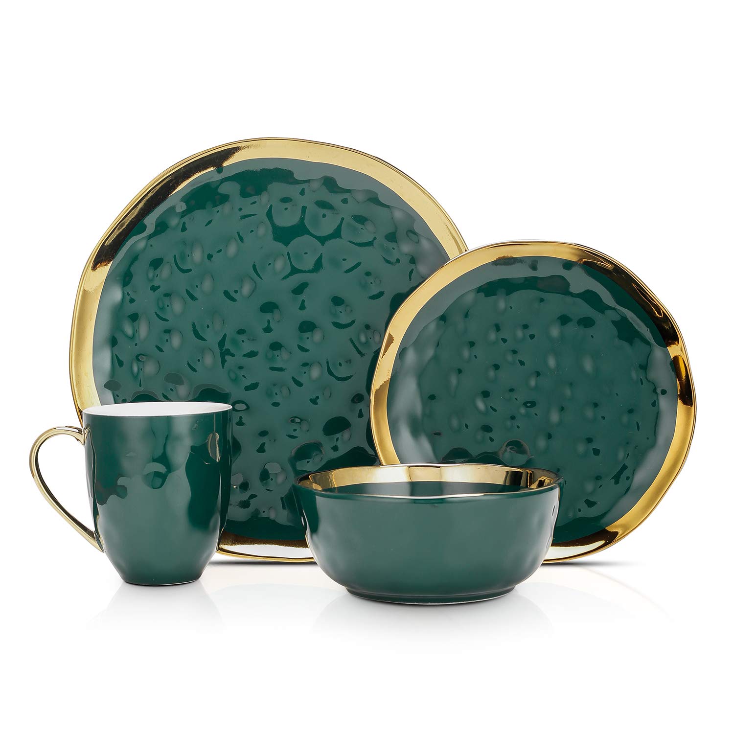 Florian Modern Porcelain 16-Piece Dinnerware Set - Green & Gold Rim Plates & Bowls for 4 - Elegant Stone Lain Dish Set for Dining, Entertaining & Everyday Use