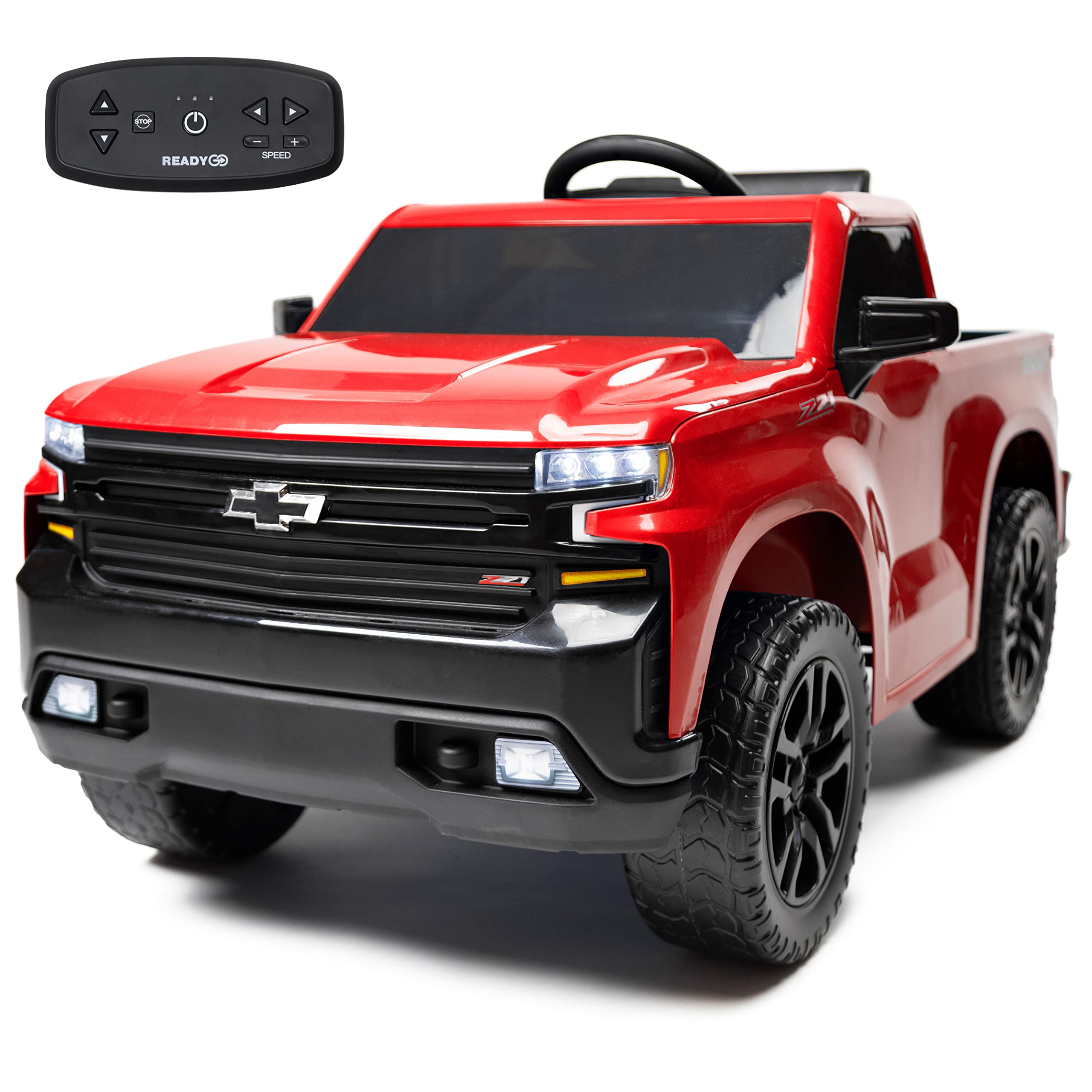 12V Chevy Silverado Licensed Kids Ride On Truck - High Speed 5MPH, Parent Remote Control, LED Lights & Real Truck Sounds - Battery Powered Electric Vehicle for Boys & Girls - Outdoor Play, Birthday Gifts, Backyard Fun (Red) by ReadyGO