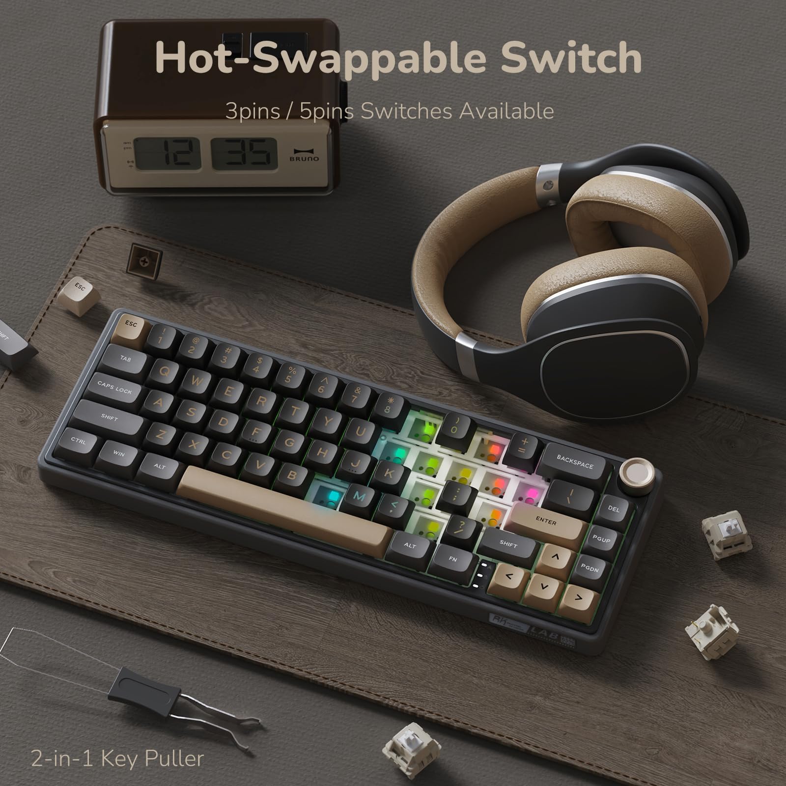RK R65 60% RGB Mechanical Gaming Keyboard - Hot Swappable, PBT Keycaps for PC Gaming & Typing