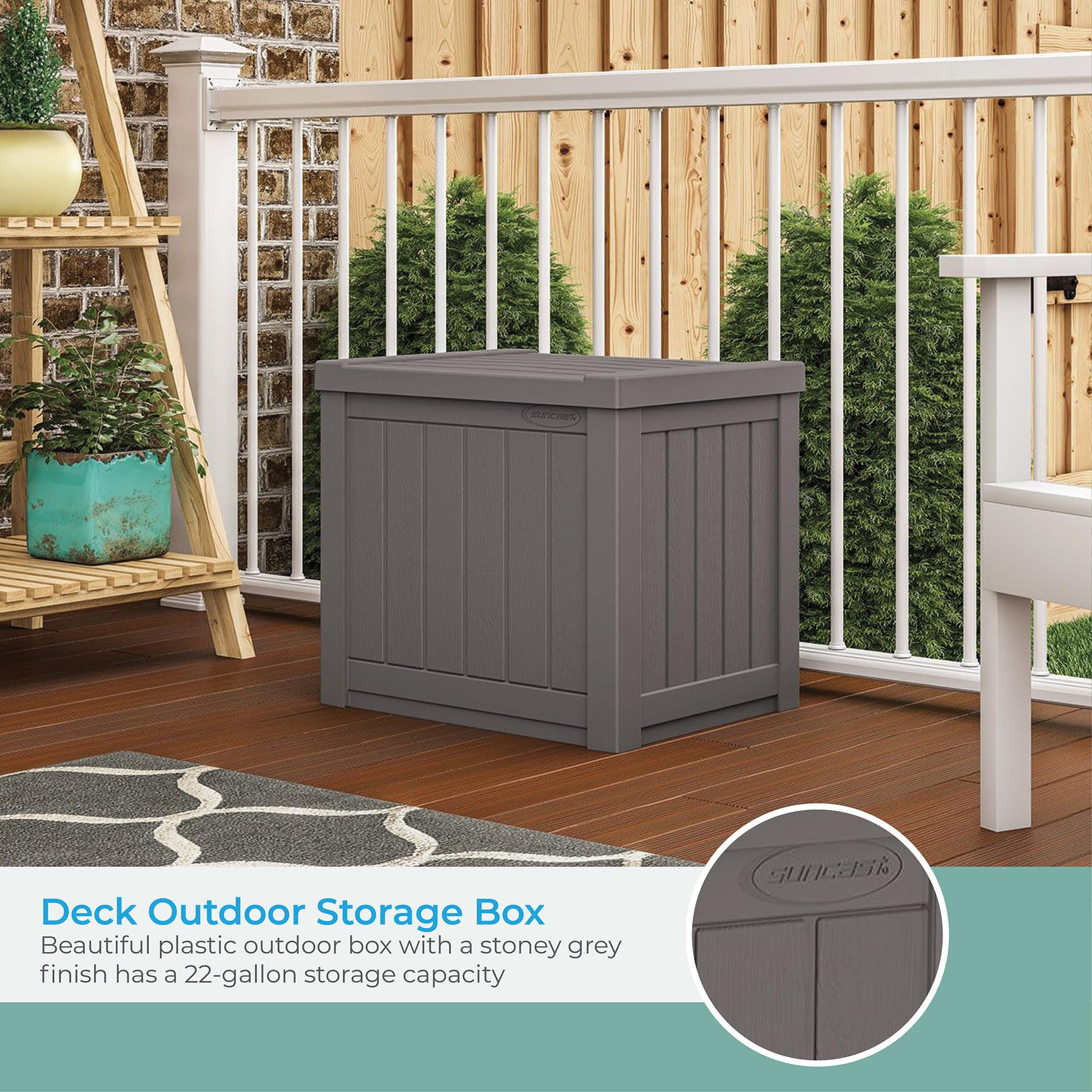 Suncast 22-Gallon Small Deck Box - Lightweight Resin Storage Container with Seat for Patio, Garden & Garage - Indoor/Outdoor Organizer for Cushions, Tools & Yard Accessories - Stone Gray - Perfect for Backyard, Balcony & Shed Storage