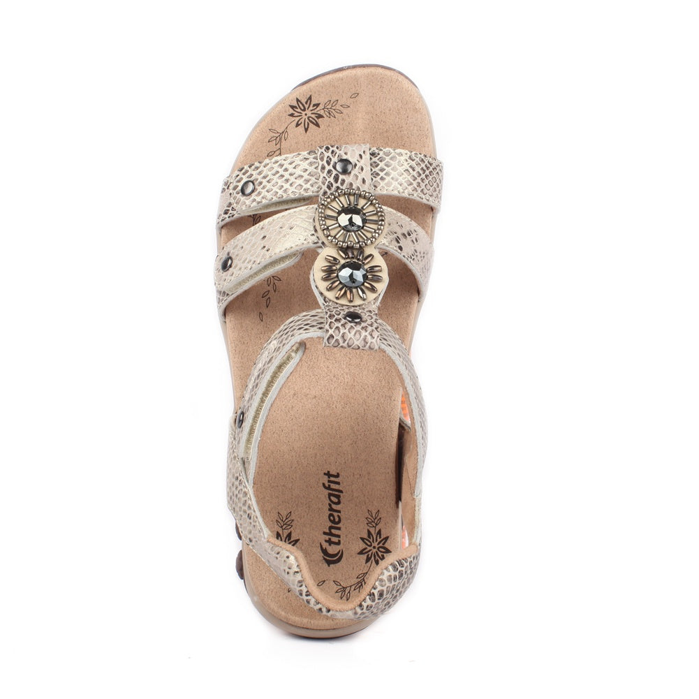 Charlotte Women's Embossed Leather Jeweled Adjustable Sandals - Stylish Comfort for Summer, Beach, and Casual Outings