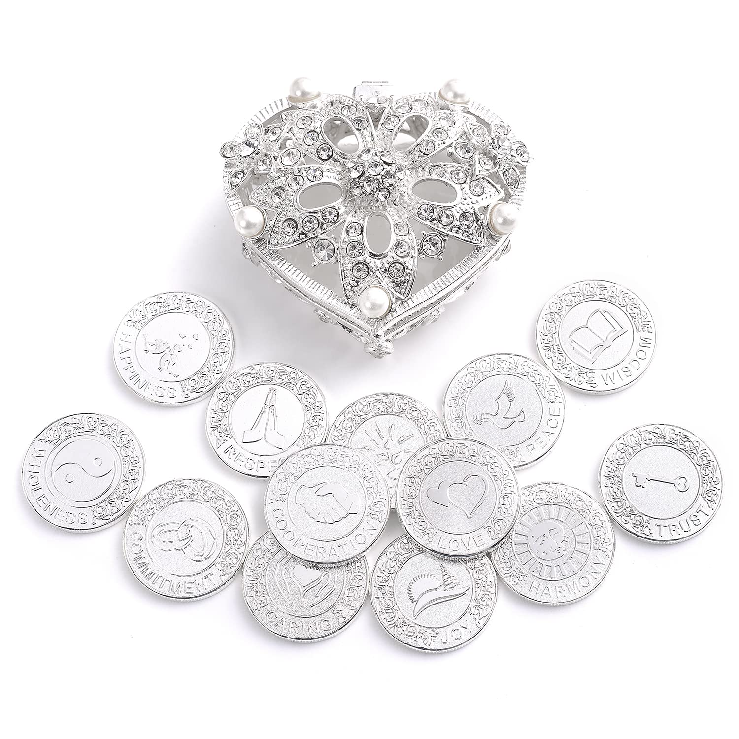 TINGKU English Silver Wedding Coins - Pearl & Crystal Heart Jewelry Box - Arras de Boda Unity Coins Set - Perfect for Wedding Ceremony Souvenirs & Anniversary Gifts