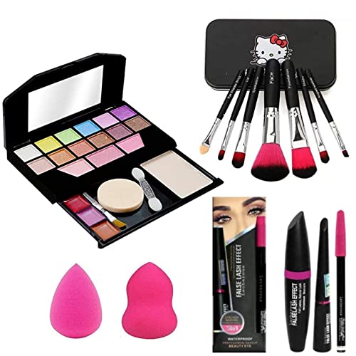 Dyegim TYA 5024 Professional 13-Piece Makeup Kit with 7 Black Brushes, 3-in-1 Eyeliner Mascara Kajal Pencil & 2 Pink Beauty Blenders - Multicolor Cosmetic Set for Eyes, Lips & Face | Perfect for Daily Makeup, Party Looks & Professional Beauty Artists