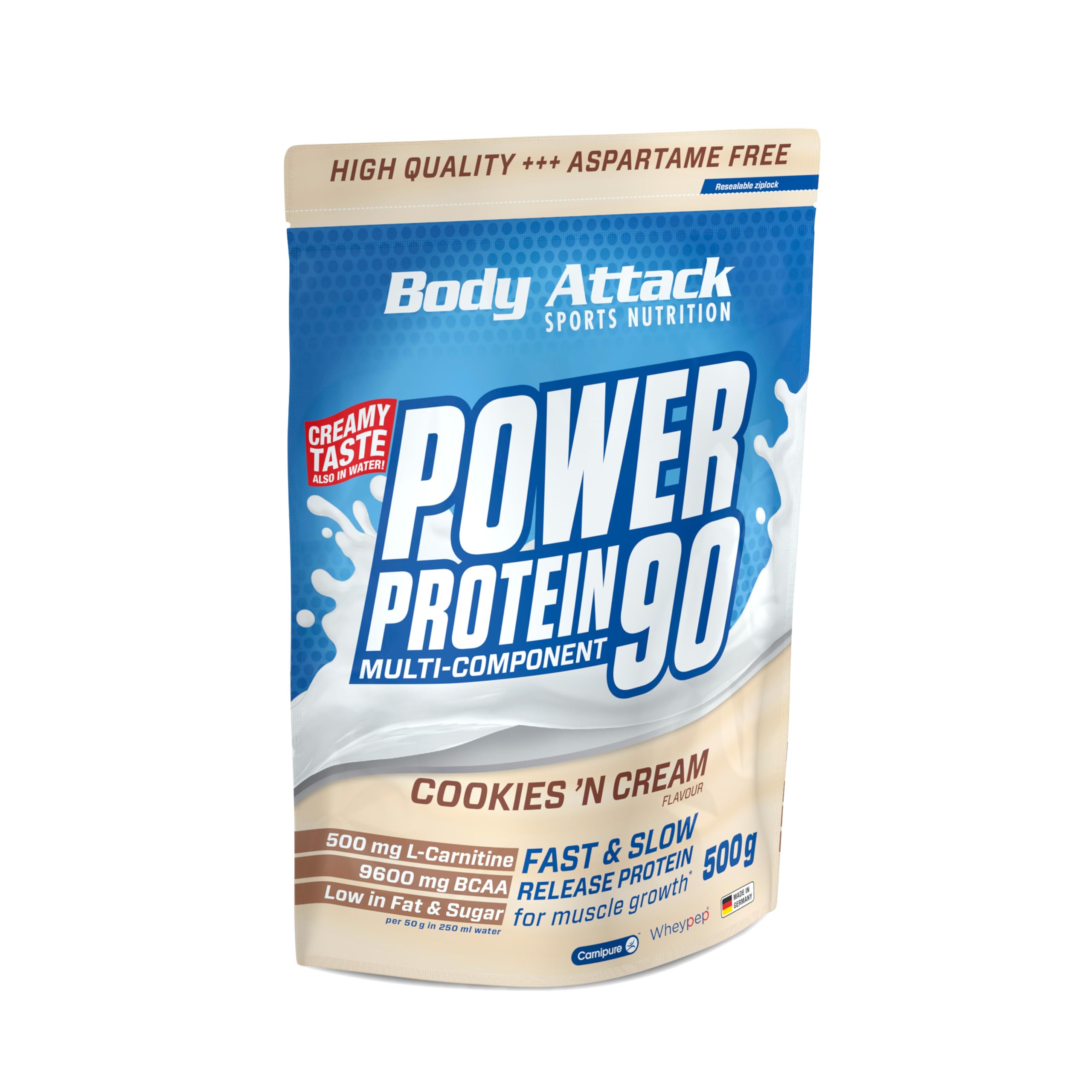 Body Attack POWER PROTEIN 90 - Cookies & Cream Flavor - 500g Multi-Component Protein Powder with BCAA, Vitamins & L-Carnitine | Made in Germany | Creamy Protein Shake for Muscle Recovery & Post-Workout Nutrition | Ideal for Gym, Fitness & Bodybuilding
