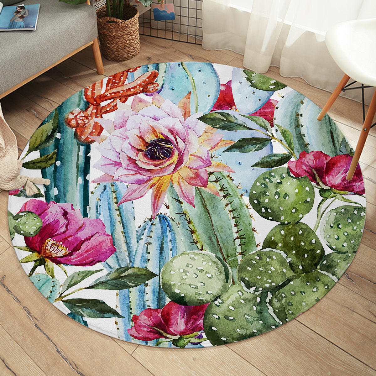 Vibrant Colorful Cacti Round Area Rug - Soft Non-Slip Floor Mat for Living Room, Bedroom, Nursery & Dorm Decor