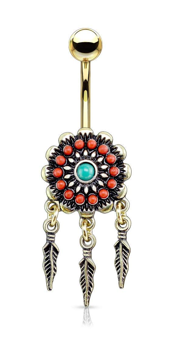 Surgical Steel Tribal Belly Button Ring - Colorful Forbidden Body Jewelry with Decorative Dangle | Perfect for Belly Piercing, Festival Outfits & Boho Style