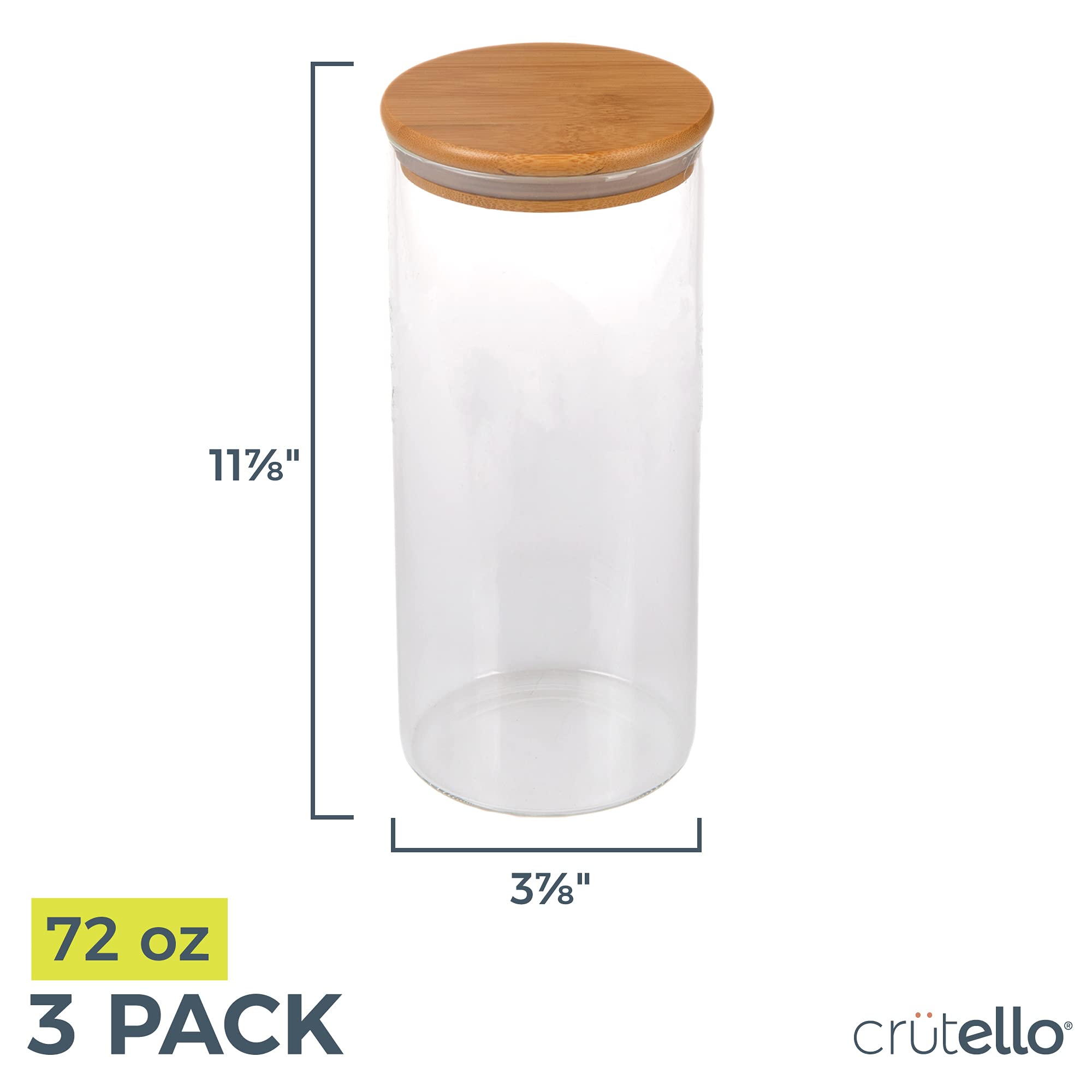Crutello Glass Food Storage Containers with Bamboo Lids - 3 Pack (72oz) Airtight Clear Kitchen Canisters for Flour, Sugar, Coffee, Dry Goods - Perfect for Pantry Organization & Meal Prep | Family-Owned American Brand