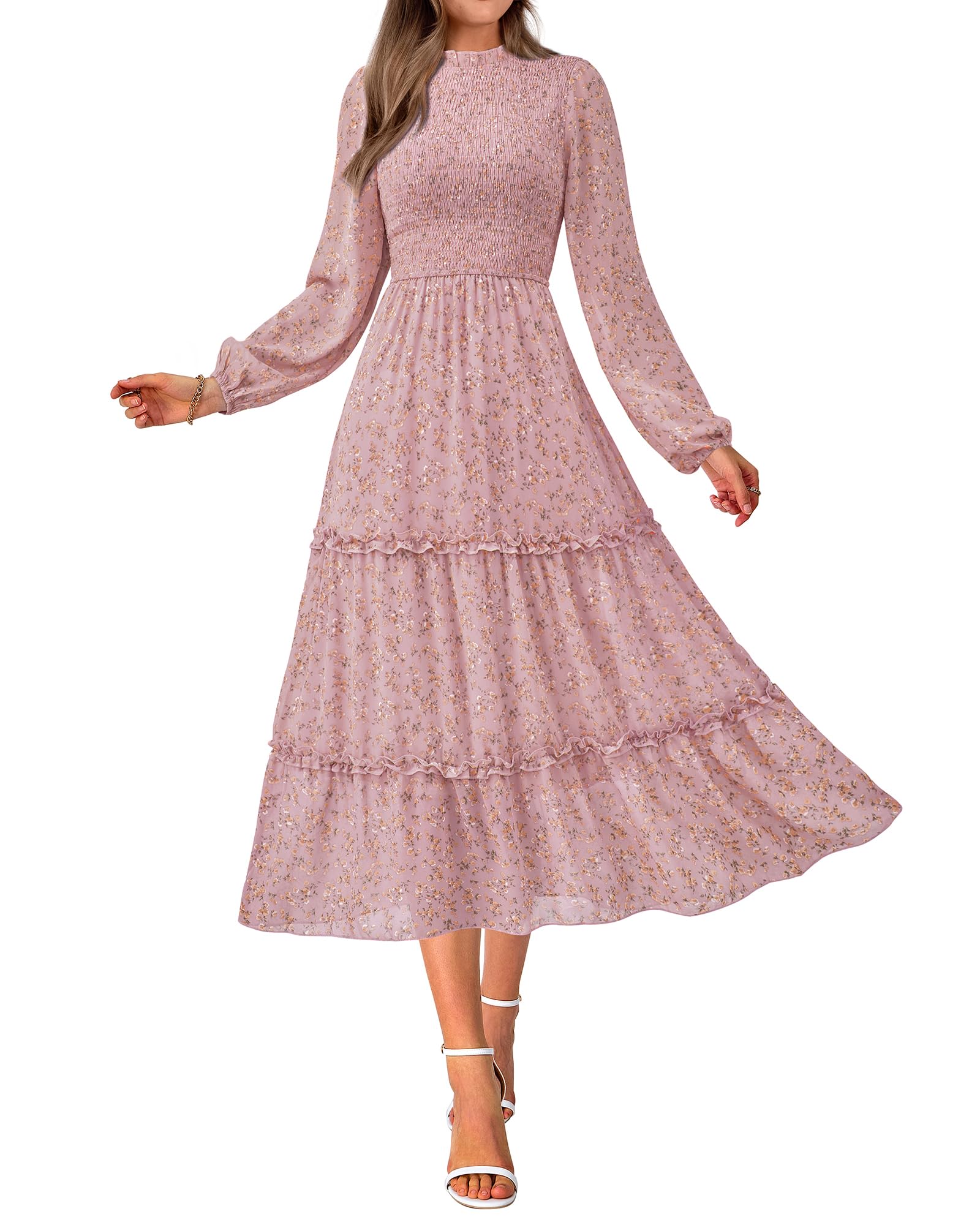 NOLLSOM Women's Floral Boho Maxi Dress - Long Sleeve Crew Neck A-Line Flowy Wedding Guest Dress for Spring 2025 | Perfect for Beach Vacations, Garden Parties & Casual Outings