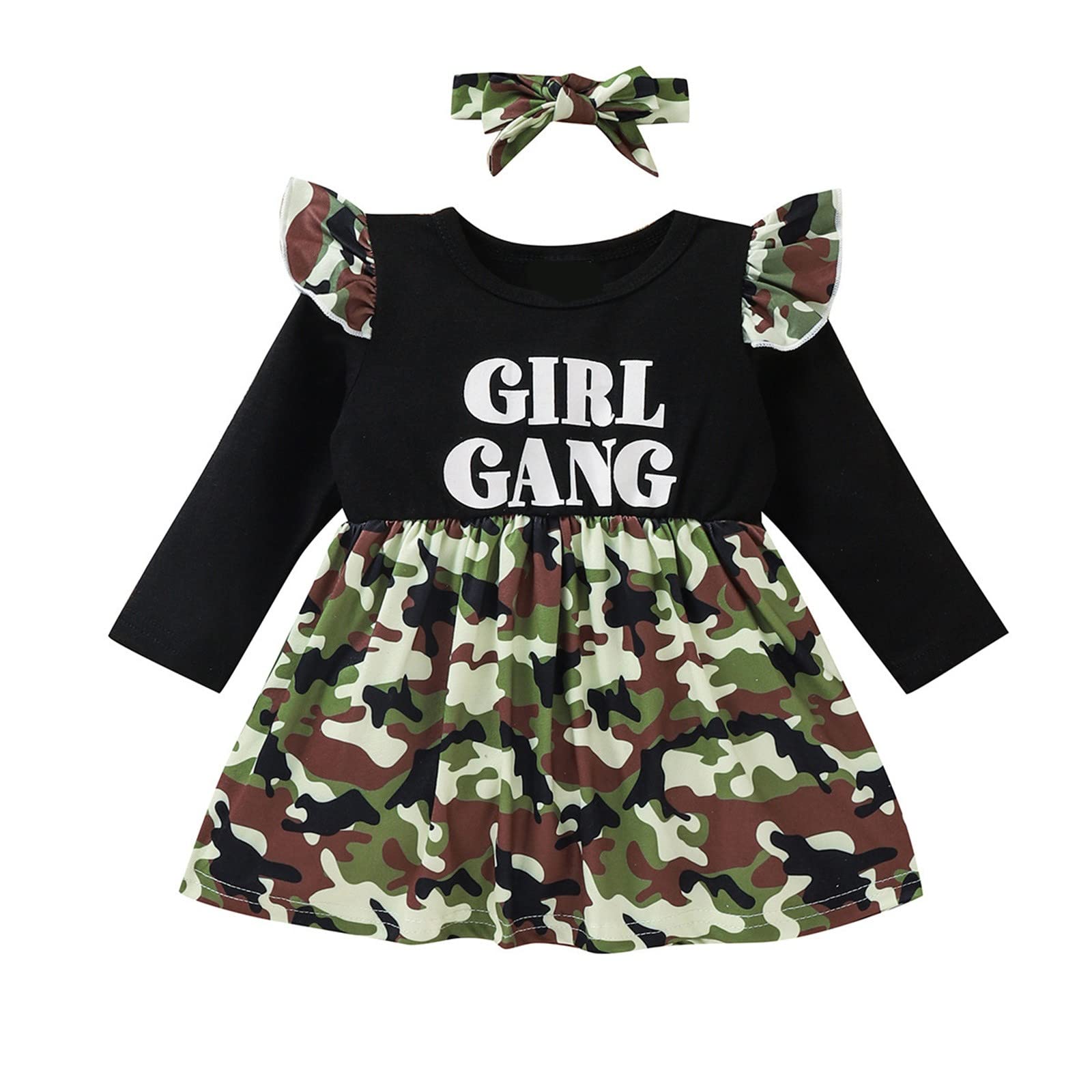 Baby Girls' Fall Outfits - Long Sleeve Ruffled Patchwork Camouflage Princess Dress with Headband Set | Perfect for Autumn Photoshoots, Birthday Parties & Holiday Dressing