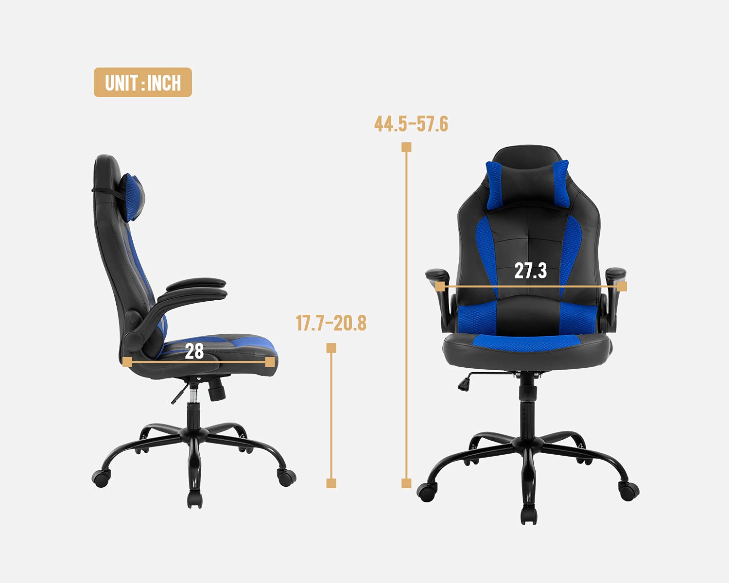 Ergonomic Gaming Office Chair with Adjustable Armrests, Headrest & Lumbar Support - High Back PU Leather Racing Computer Desk Chair for Home & Work (Blue) - Perfect for Long Gaming Sessions, Remote Work & Home Office Comfort