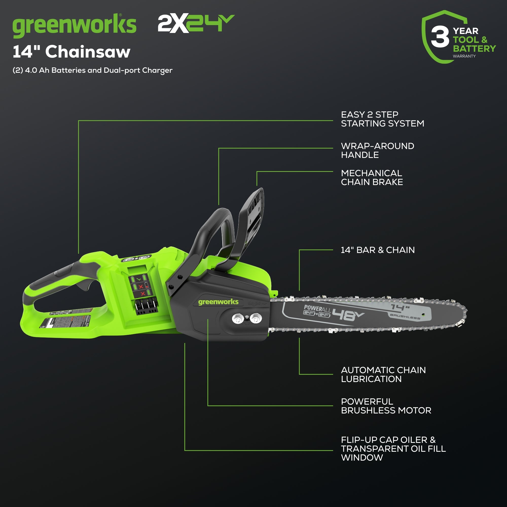 48V (2x24V) 14-Inch Cordless Battery Chainsaw with Two 4.0Ah USB Batteries & Dual Port Charger - Perfect for Tree Trimming, Firewood Cutting, and Yard Maintenance