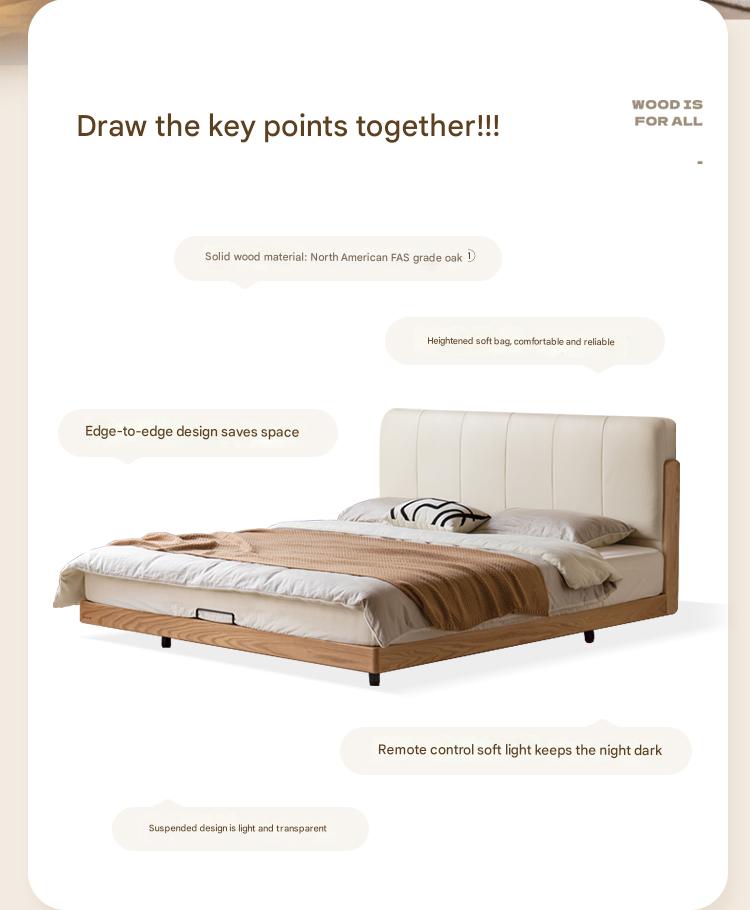 Solid Oak Wood Modern Minimalist Soft Leaning Bed Frame - Queen Size Platform Bed for Bedroom, Guest Room & Small Spaces