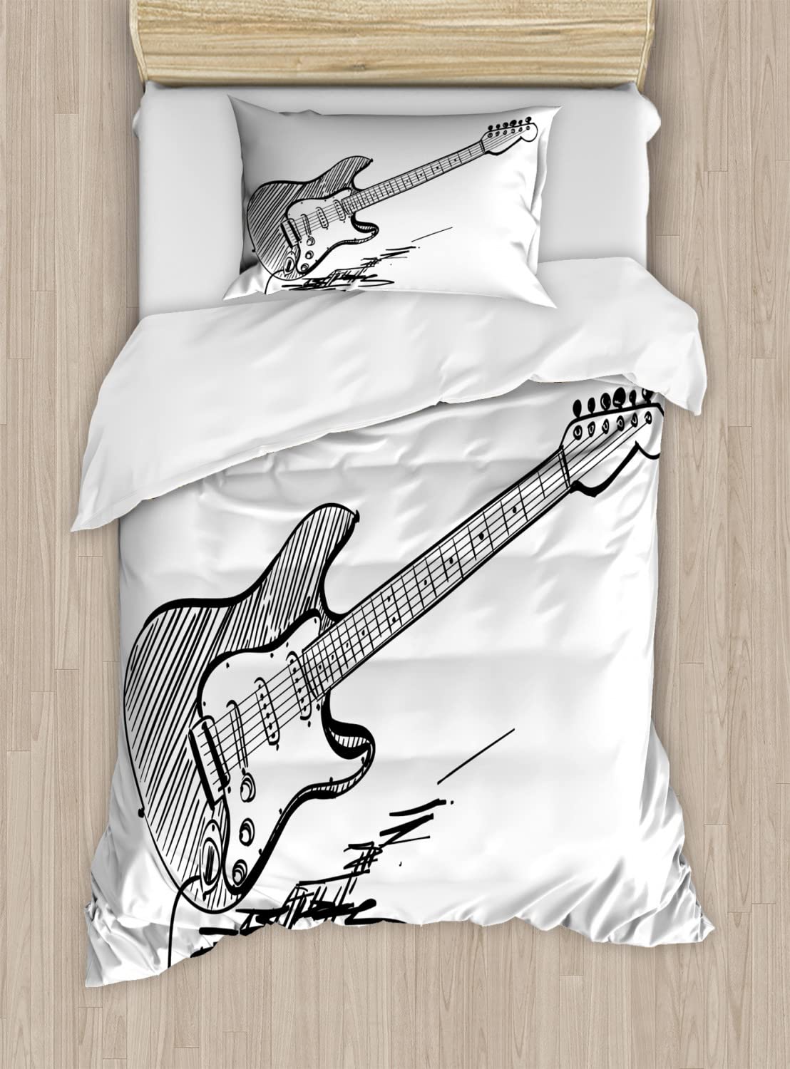 Ambesonne Guitar Duvet Cover Set - Queen Size 2-Piece with 4 Pillowcases, Hand-Drawn Electric Guitar Rock Music Sketch Design on White Background, Black & White Bedding for Music Lovers' Bedroom Decor