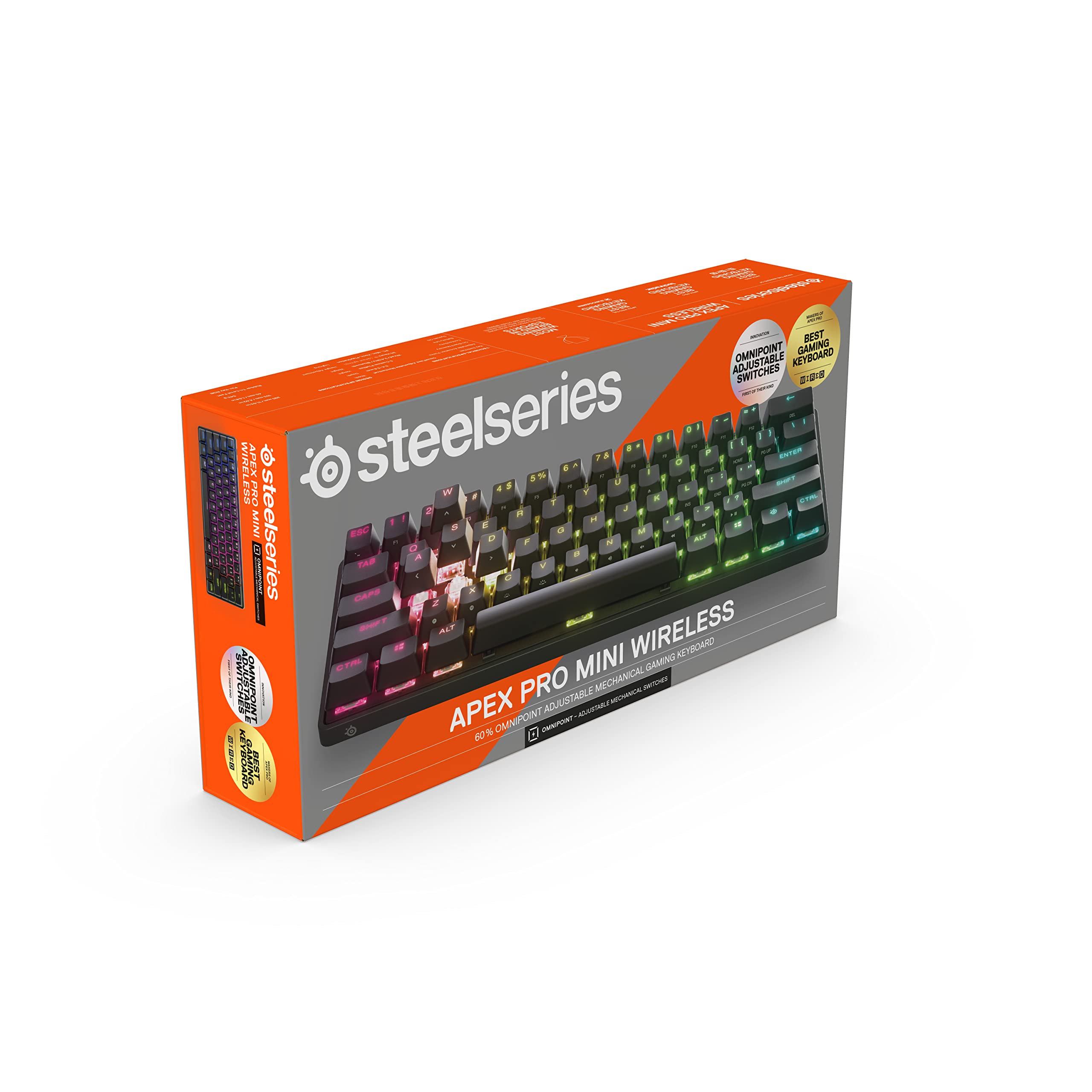 SteelSeries Apex Pro Mini Wireless HyperMagnetic Gaming Keyboard - World's Fastest 60% Compact Mechanical Keyboard with Adjustable Actuation, RGB Backlighting, Bluetooth & 2.4GHz Wireless, USB-C - AZERTY Layout - Perfect for Esports, Streaming & Office Work