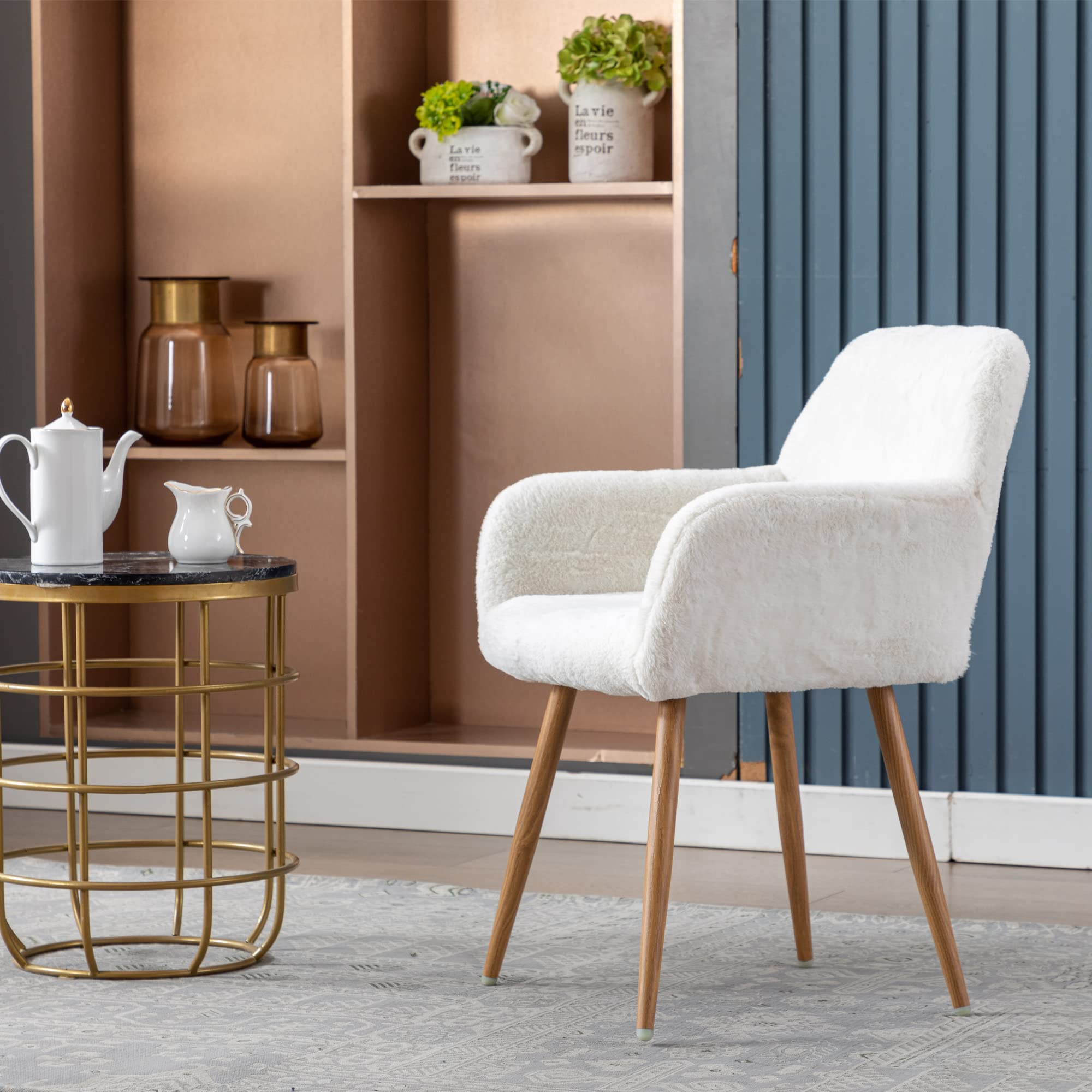 Mid-Century Modern Faux Fur Desk Chair Set of 2 - Comfy Accent Armchair with Wood-Look Metal Legs for Living Room, Dining Room, Home Office & Vanity - Perfect for Teen Girls Bedroom & Makeup Area (White, No Wheels)