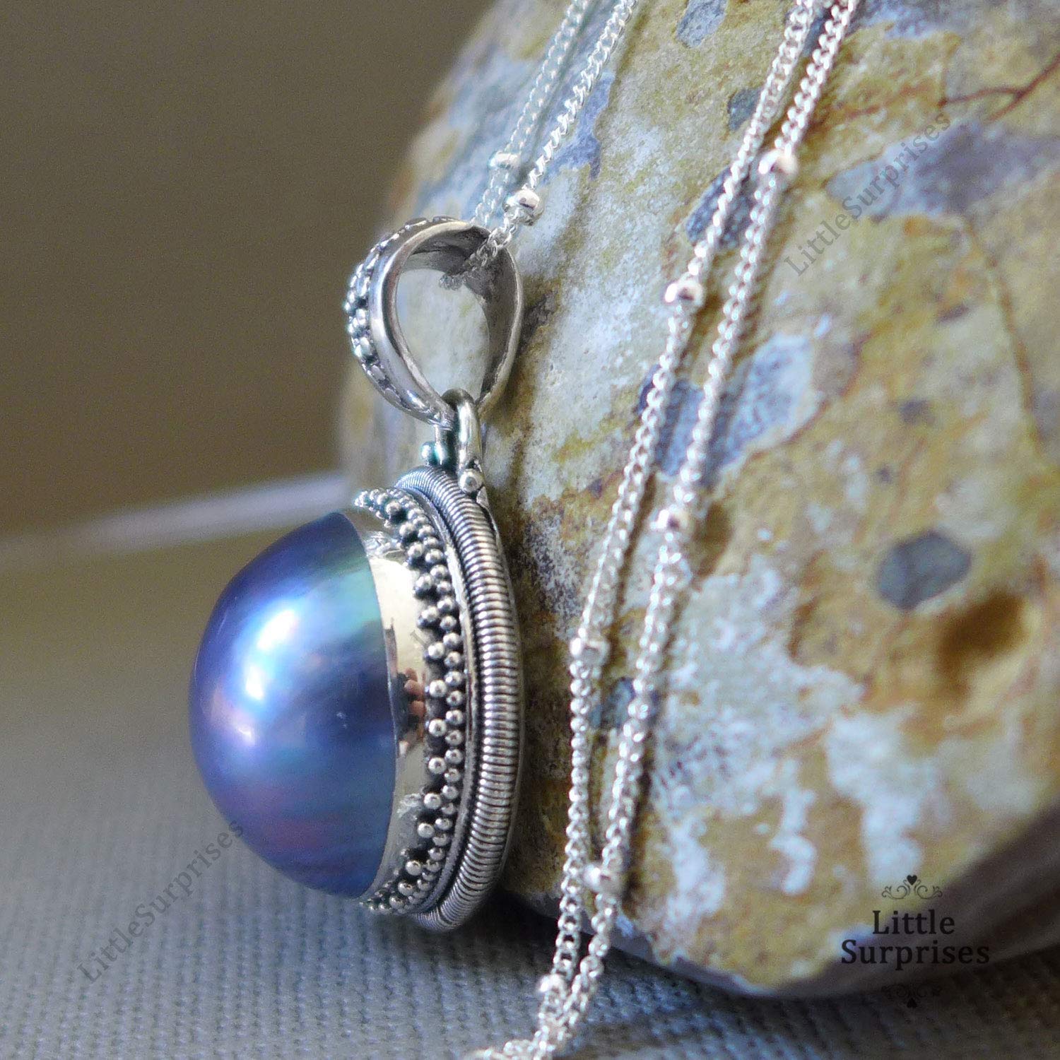 Elegant Purple Grey Mabe Pearl Bali Sterling Silver Pendant Necklace - 20 Inch Chain for Women | Perfect for Weddings, Parties & Special Occasions