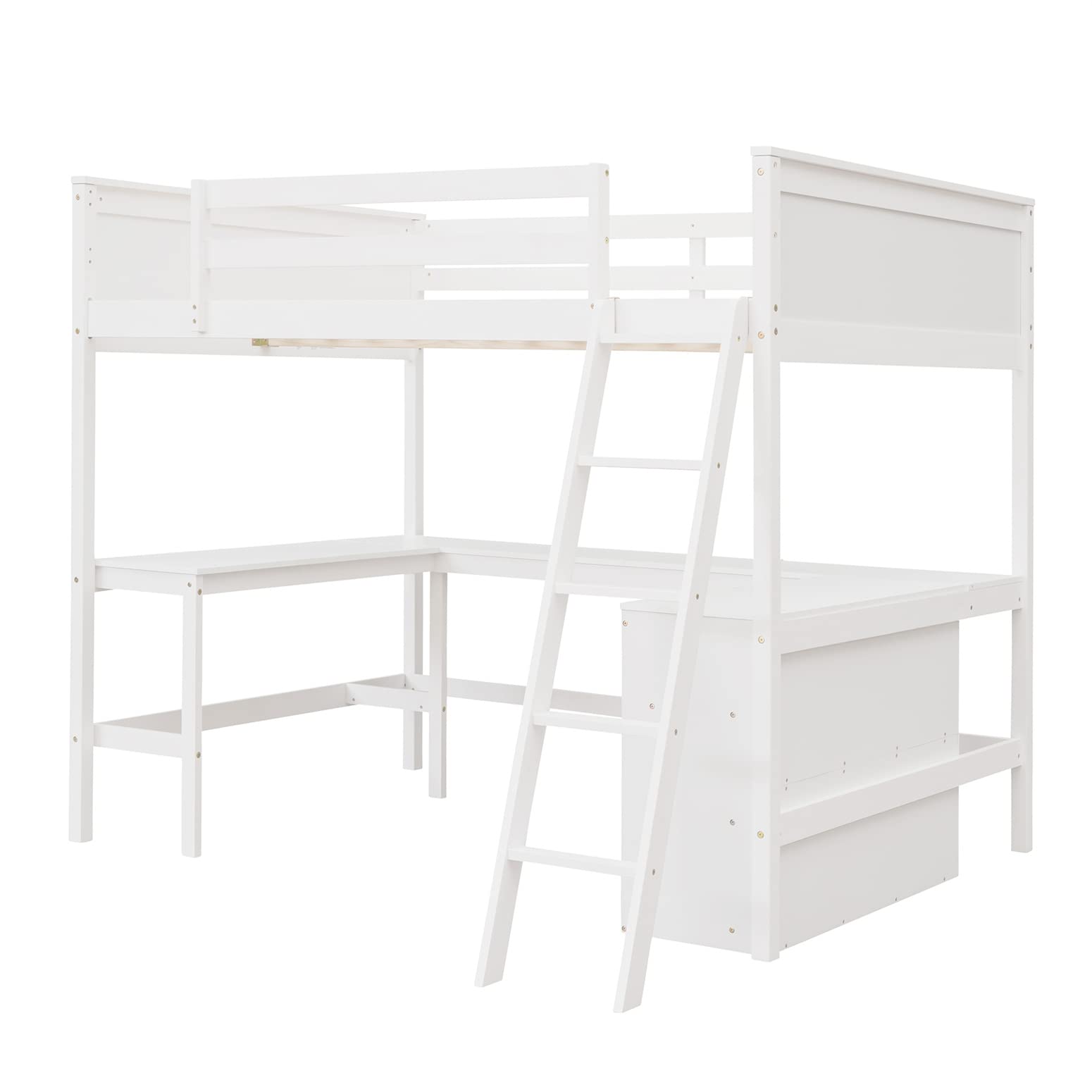 Full Loft Bed with Desk & Storage Shelves - Sturdy Wooden Bunk Bed with Bookcase for Kids, Teens & Adults - Space-Saving Dorm Furniture for Small Rooms - White