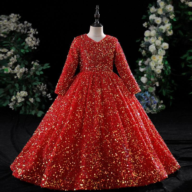 Elegant Baby Girl Long Sleeve Sequined Puff Princess Dress - Toddler Pageant Dress for Birthday Party, Photo Shoot & Special Occasions