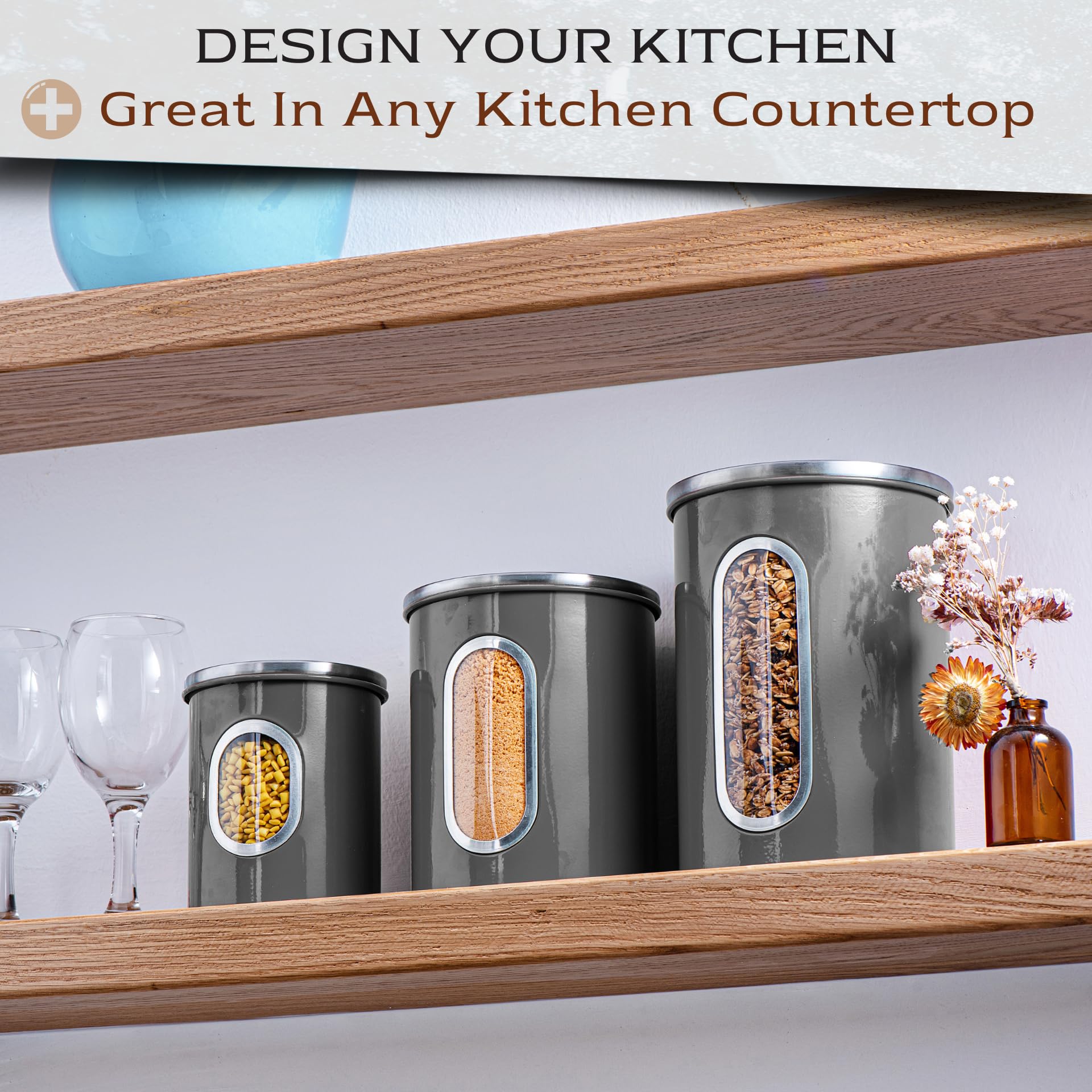 3-Piece Gray Kitchen Canister Set with See-Through Window - Airtight Coffee, Tea & Sugar Storage Containers - Moss & Stone Kitchen Jars for Pantry Organization (Grey) - Perfect for Coffee Lovers, Tea Enthusiasts & Baking Needs