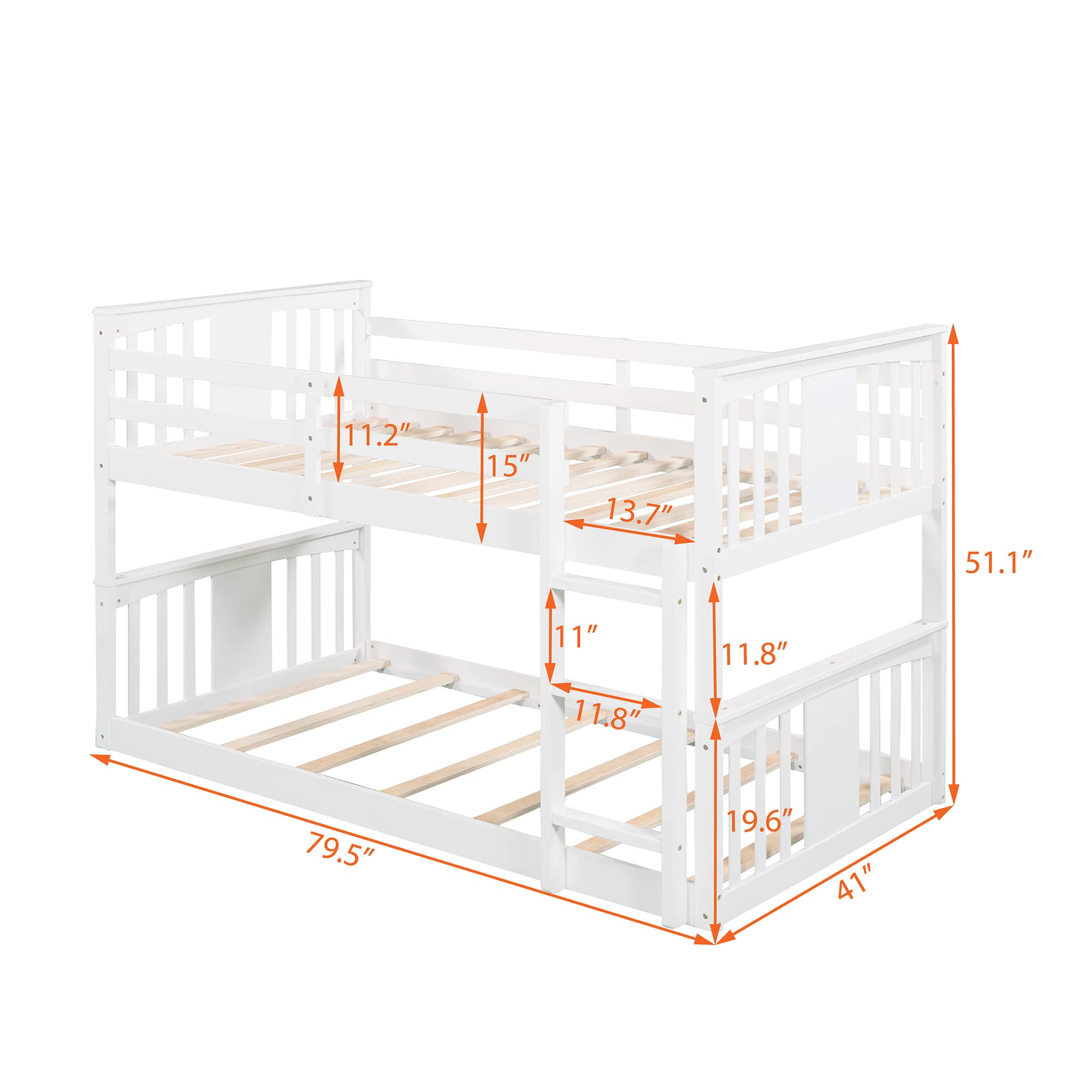 Wooden Twin Over Twin Kids Bunk Bed with Ladder - Low Profile White Bunk Bed Frame for Children's Room, Sleepovers & Small Spaces